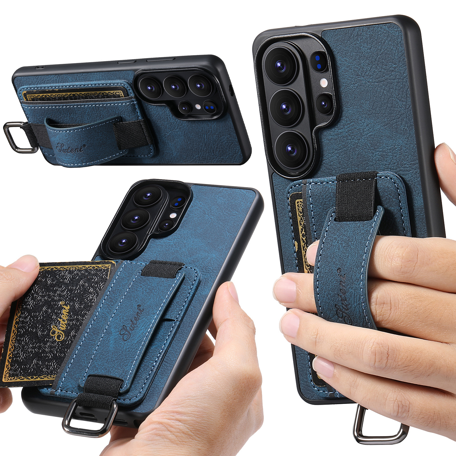 SUTENI H13LZ Faux Leather Phone Case Wrist Strap Ring Buckle Card Holder Stand For Samsung Galaxy S26 Ultra S25 Plus S24 S23 S22 Note20