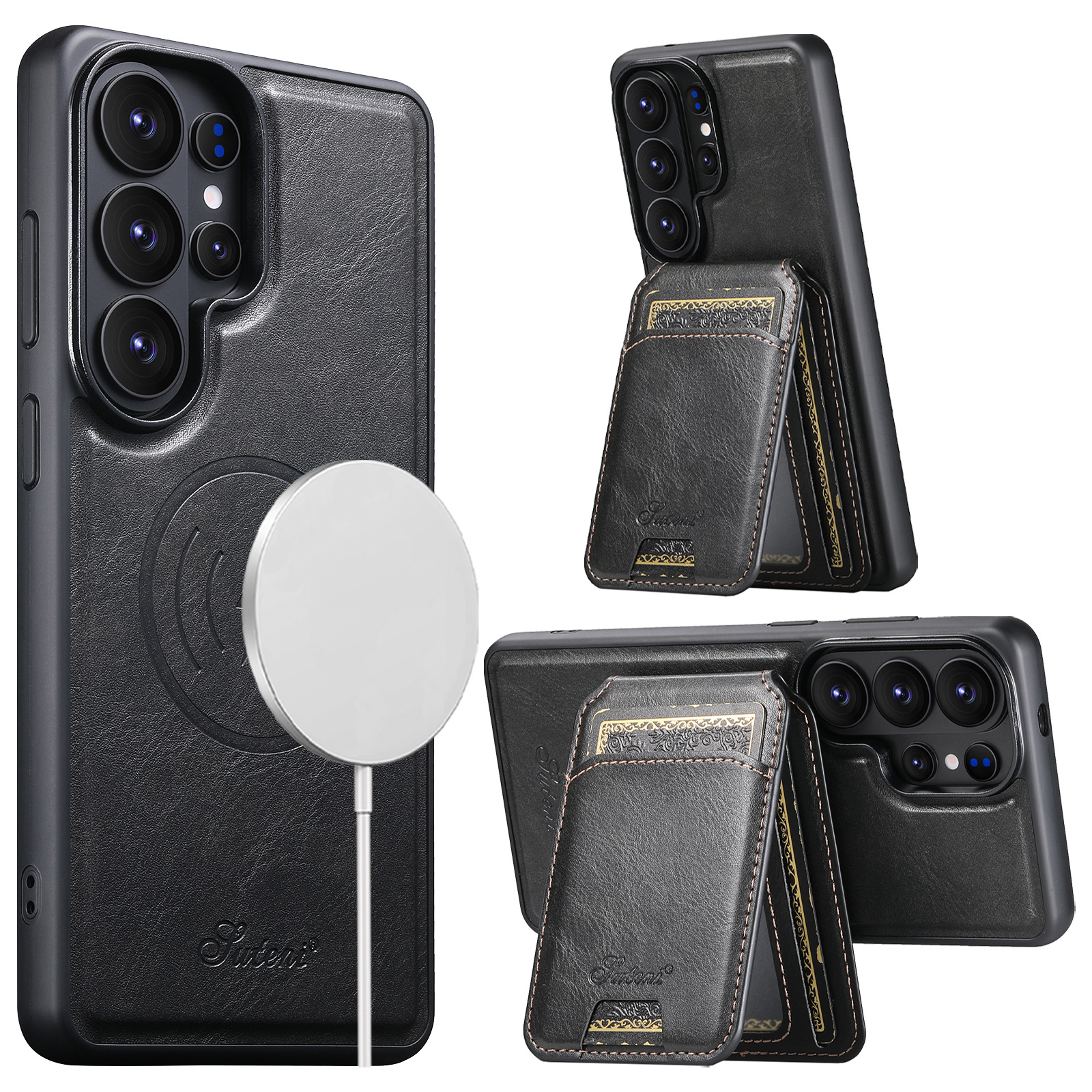 SUTENI H15 Magnet Wireless Charging Faux Leather Card Holder Stand Picture frame Phone Case For Samsung Galaxy S26 Ultra S25 Plus S24 S23 S22 Note20