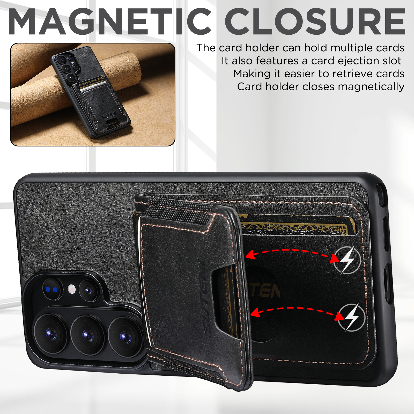 SUTENI H03YL Card Holder Phone Case Luxury Faux Leather Stand For Samsung Galaxy S26 Ultra S25 Plus S24 S23 S22 Note20