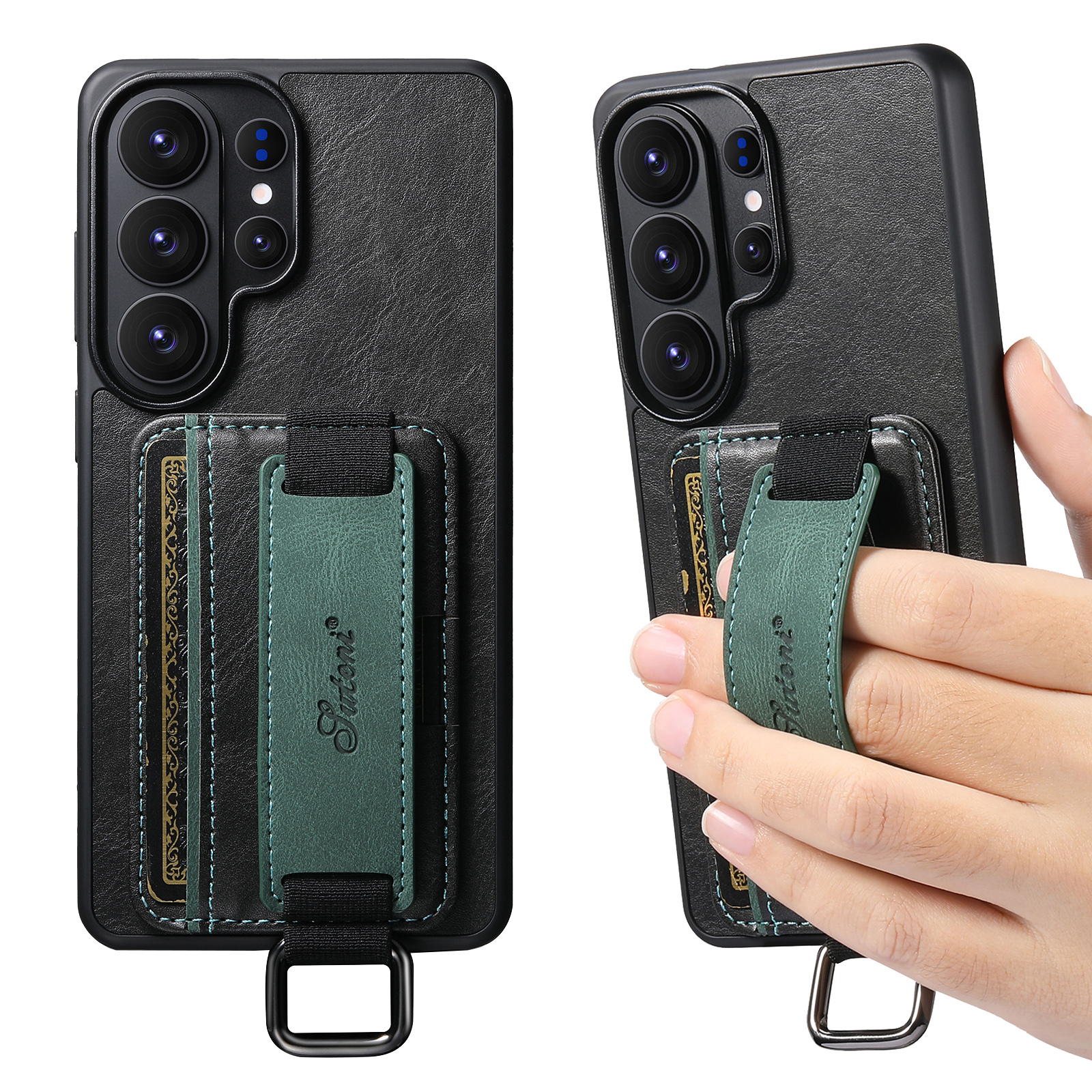 SUTENI H13YL Phone Case Wrist Strap Ring Buckle Faux Leather Card Holder Stand For Samsung Galaxy S26 Ultra S25 Plus S24 S23 S22 Note20