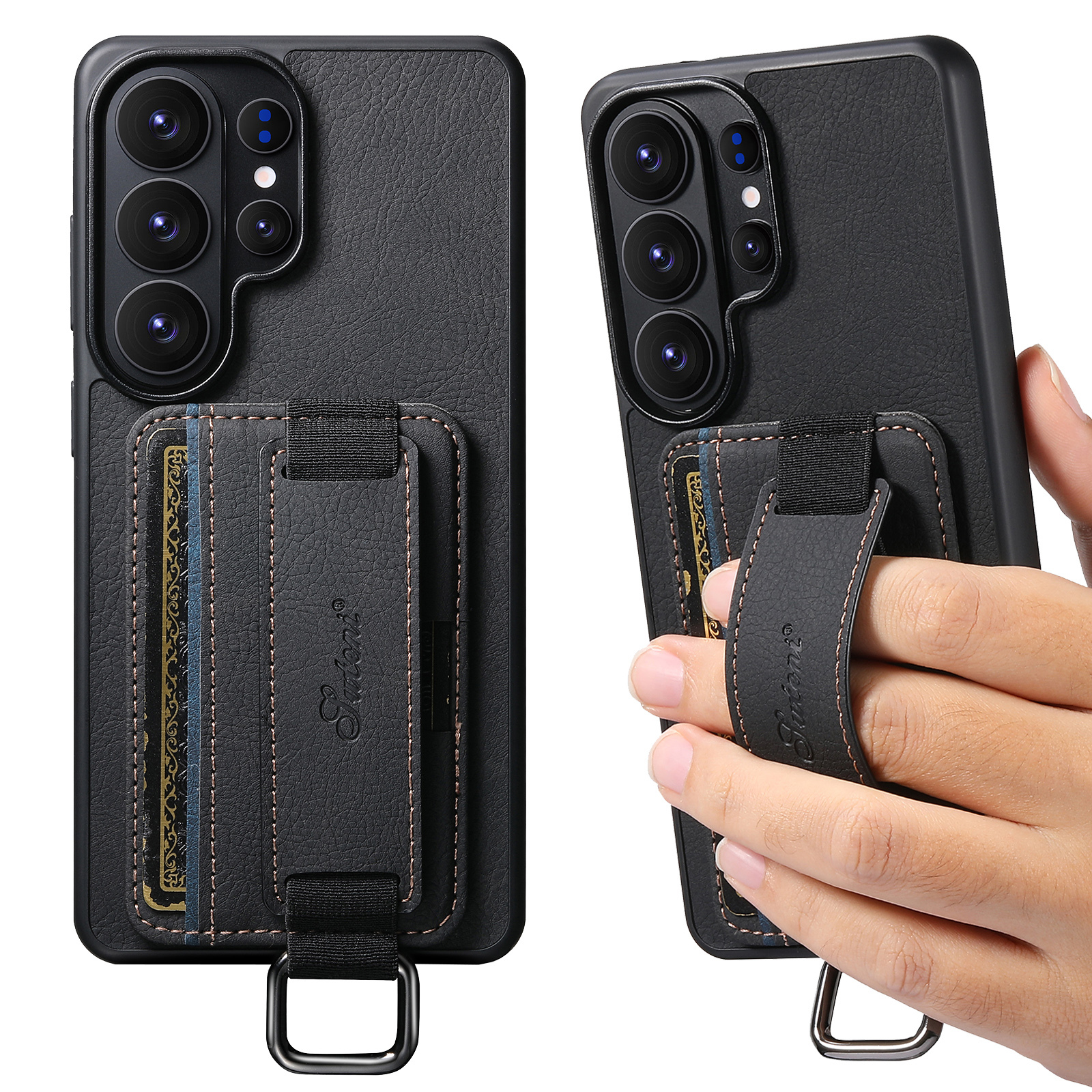 SUTENI H13LZ Faux Leather Phone Case Wrist Strap Ring Buckle Card Holder Stand For Samsung Galaxy S26 Ultra S25 Plus S24 S23 S22 Note20