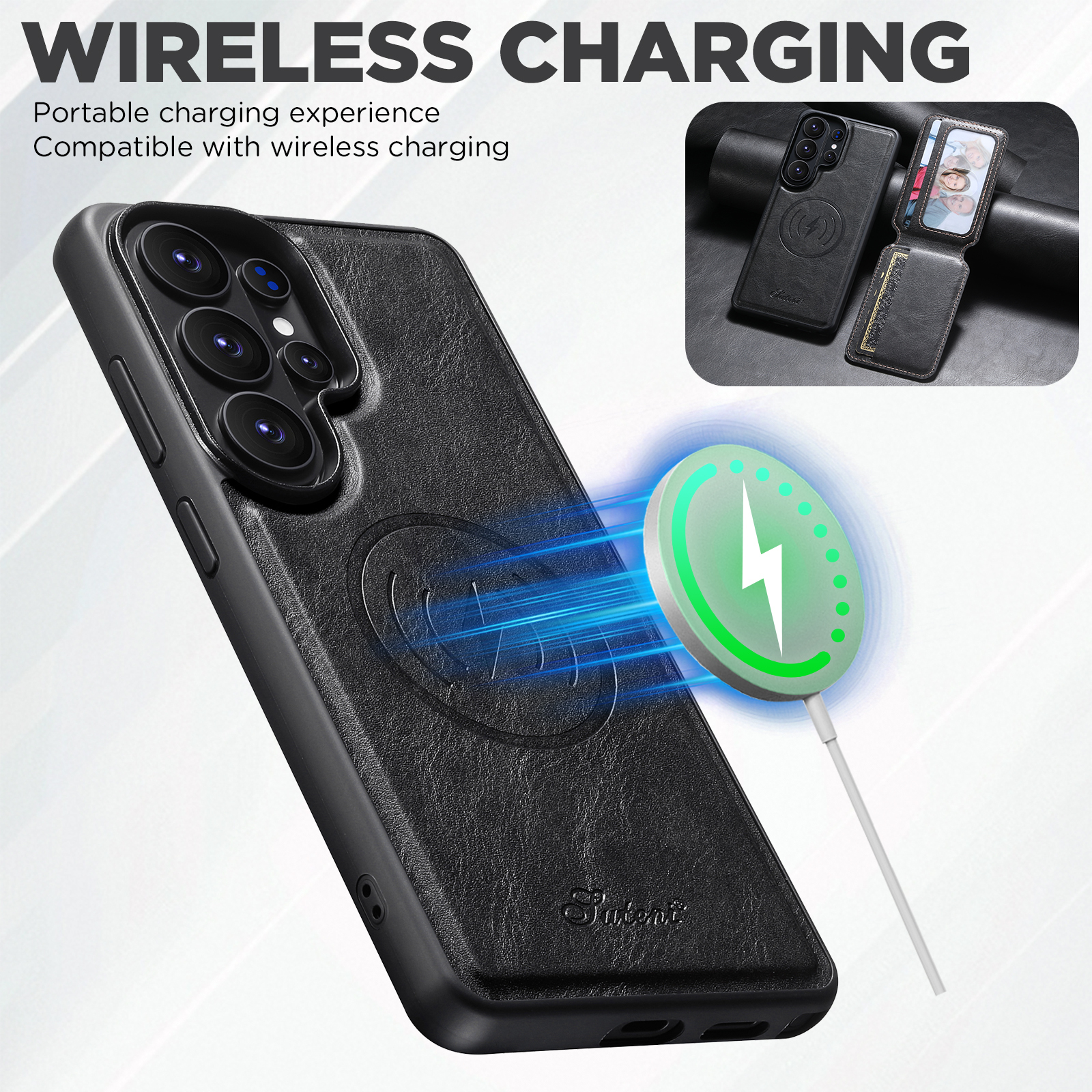 SUTENI H15 Magnet Wireless Charging Faux Leather Card Holder Stand Picture frame Phone Case For Samsung Galaxy S26 Ultra S25 Plus S24 S23 S22 Note20