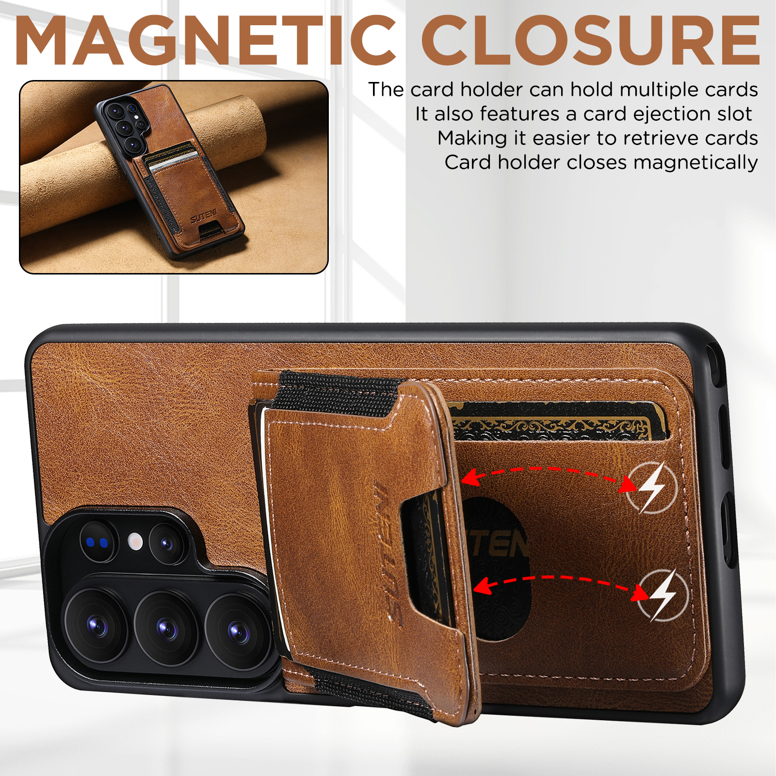 SUTENI H03YL Card Holder Phone Case Luxury Faux Leather Stand For Samsung Galaxy S26 Ultra S25 Plus S24 S23 S22 Note20