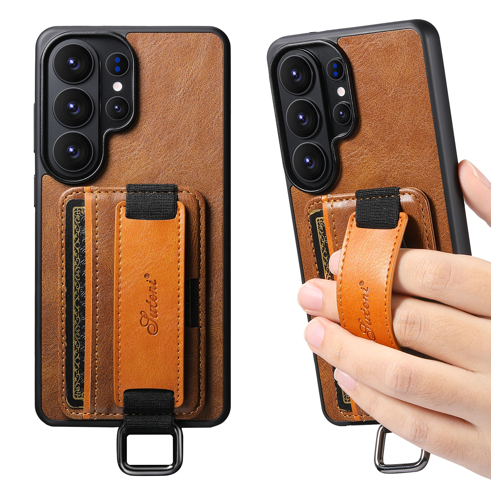 SUTENI H13YL Phone Case Wrist Strap Ring Buckle Faux Leather Card Holder Stand For Samsung Galaxy S26 Ultra S25 Plus S24 S23 S22 Note20