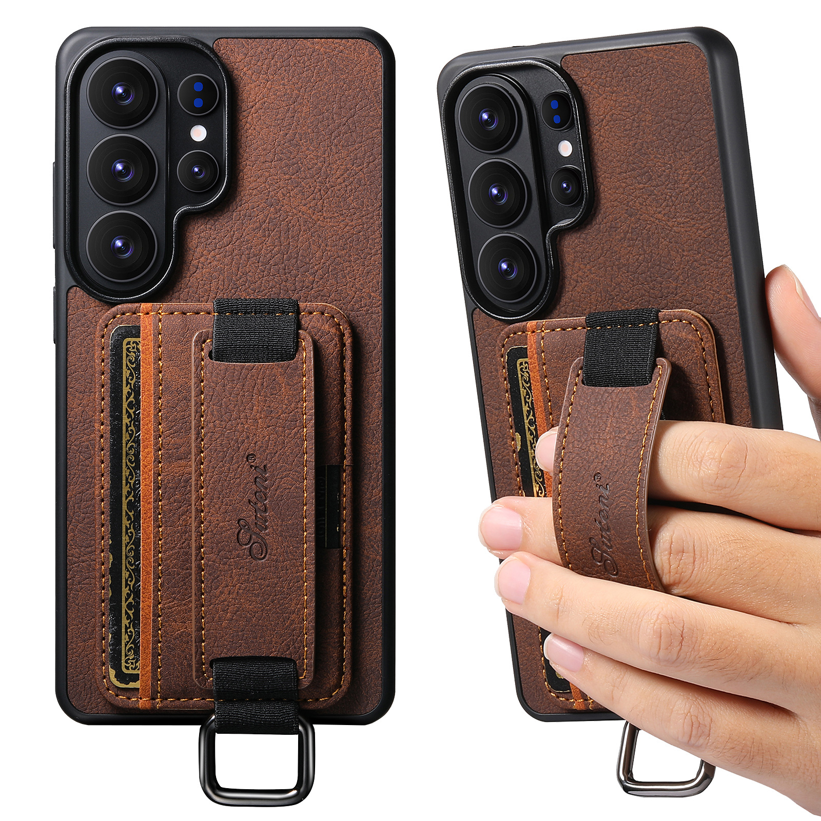 SUTENI H13LZ Faux Leather Phone Case Wrist Strap Ring Buckle Card Holder Stand For Samsung Galaxy S26 Ultra S25 Plus S24 S23 S22 Note20