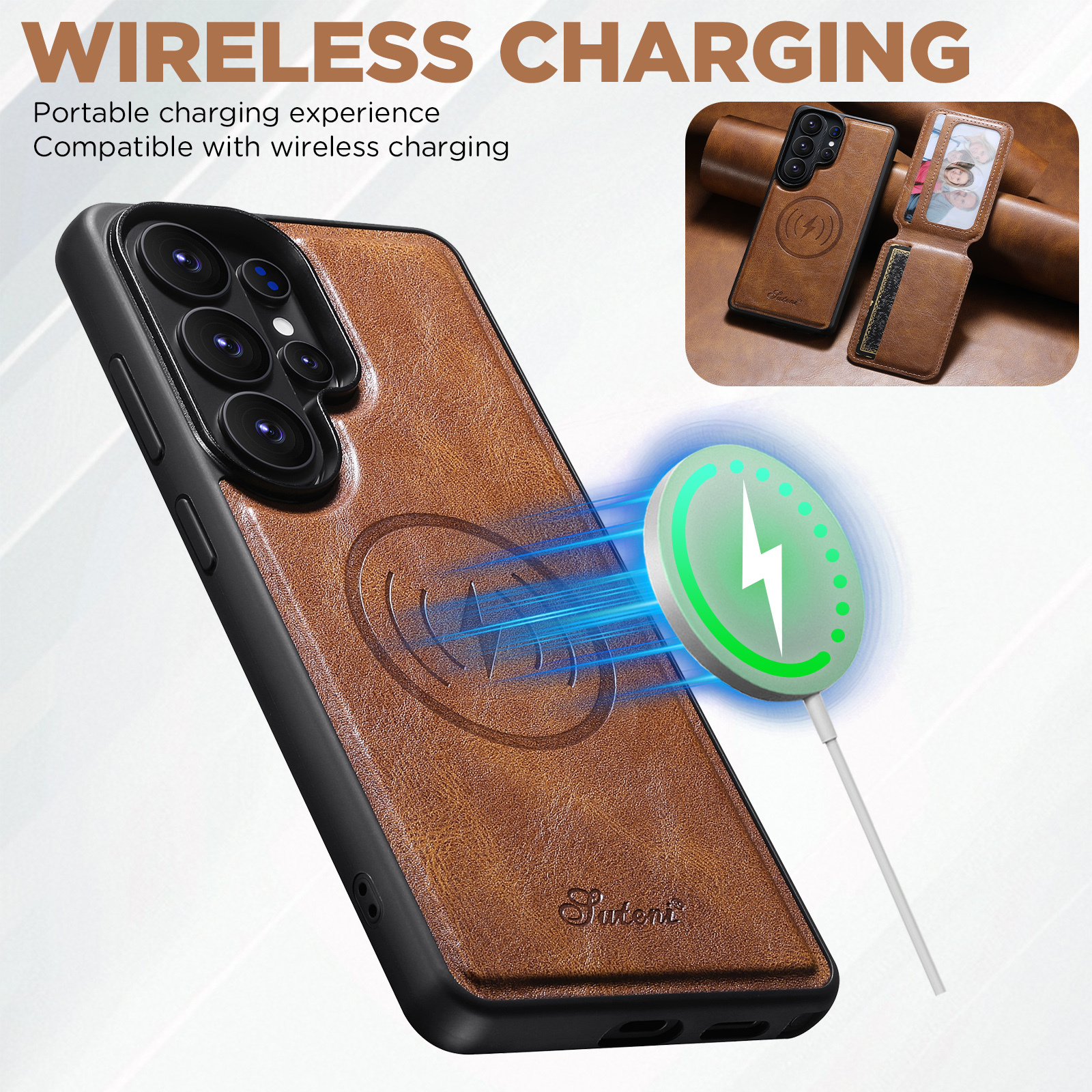 SUTENI H15 Magnet Wireless Charging Faux Leather Card Holder Stand Picture frame Phone Case For Samsung Galaxy S26 Ultra S25 Plus S24 S23 S22 Note20