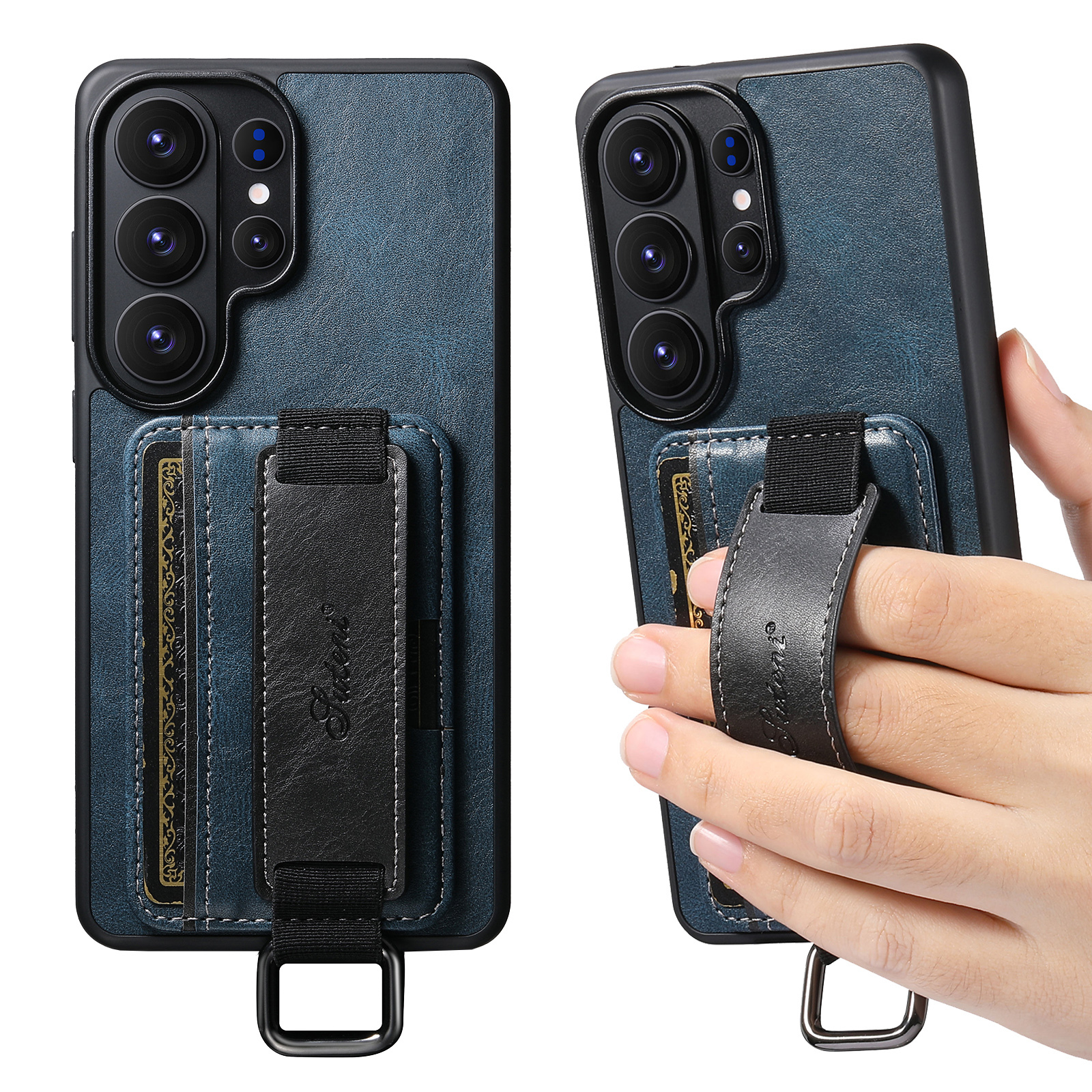 SUTENI H13YL Phone Case Wrist Strap Ring Buckle Faux Leather Card Holder Stand For Samsung Galaxy S26 Ultra S25 Plus S24 S23 S22 Note20