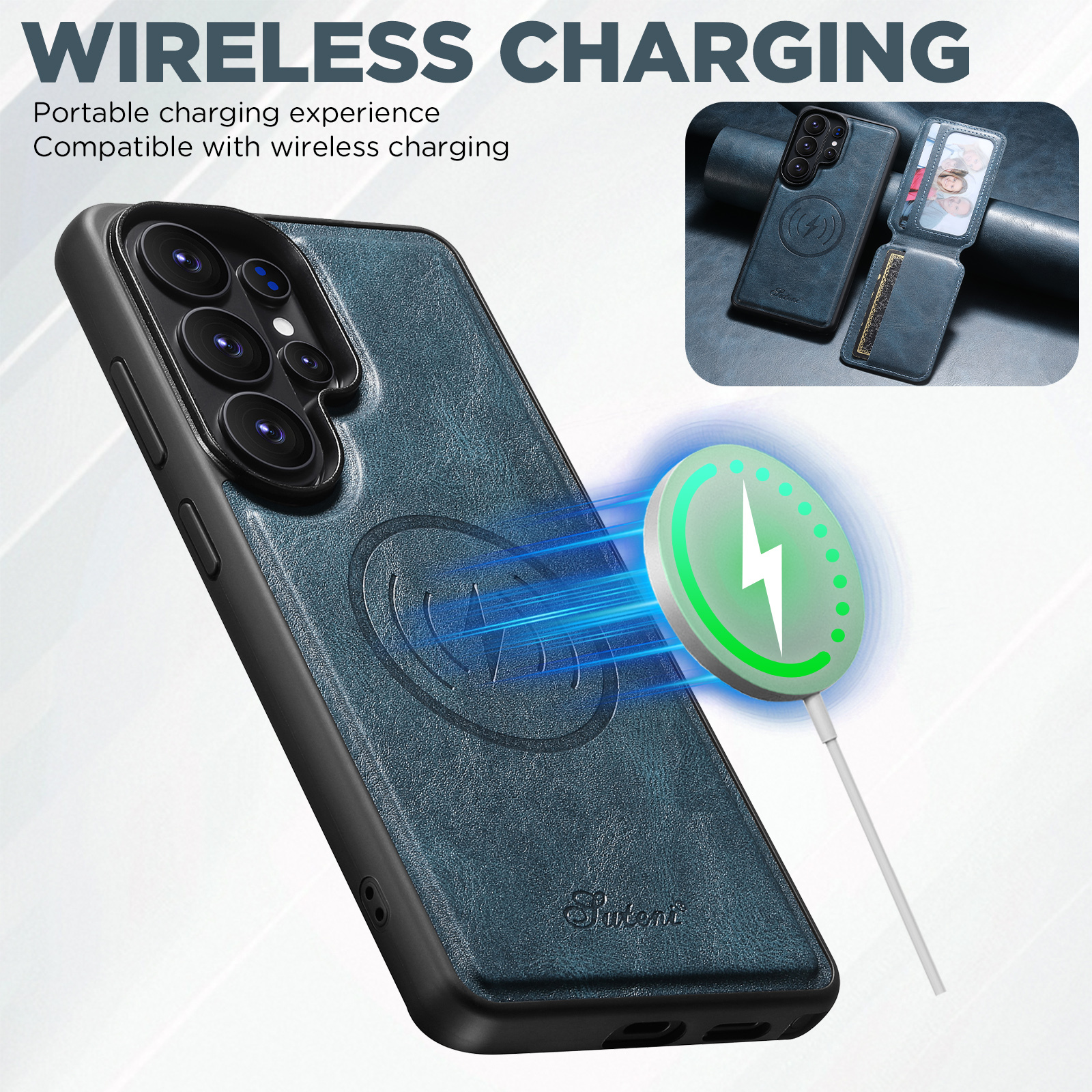 SUTENI H15 Magnet Wireless Charging Faux Leather Card Holder Stand Picture frame Phone Case For Samsung Galaxy S26 Ultra S25 Plus S24 S23 S22 Note20