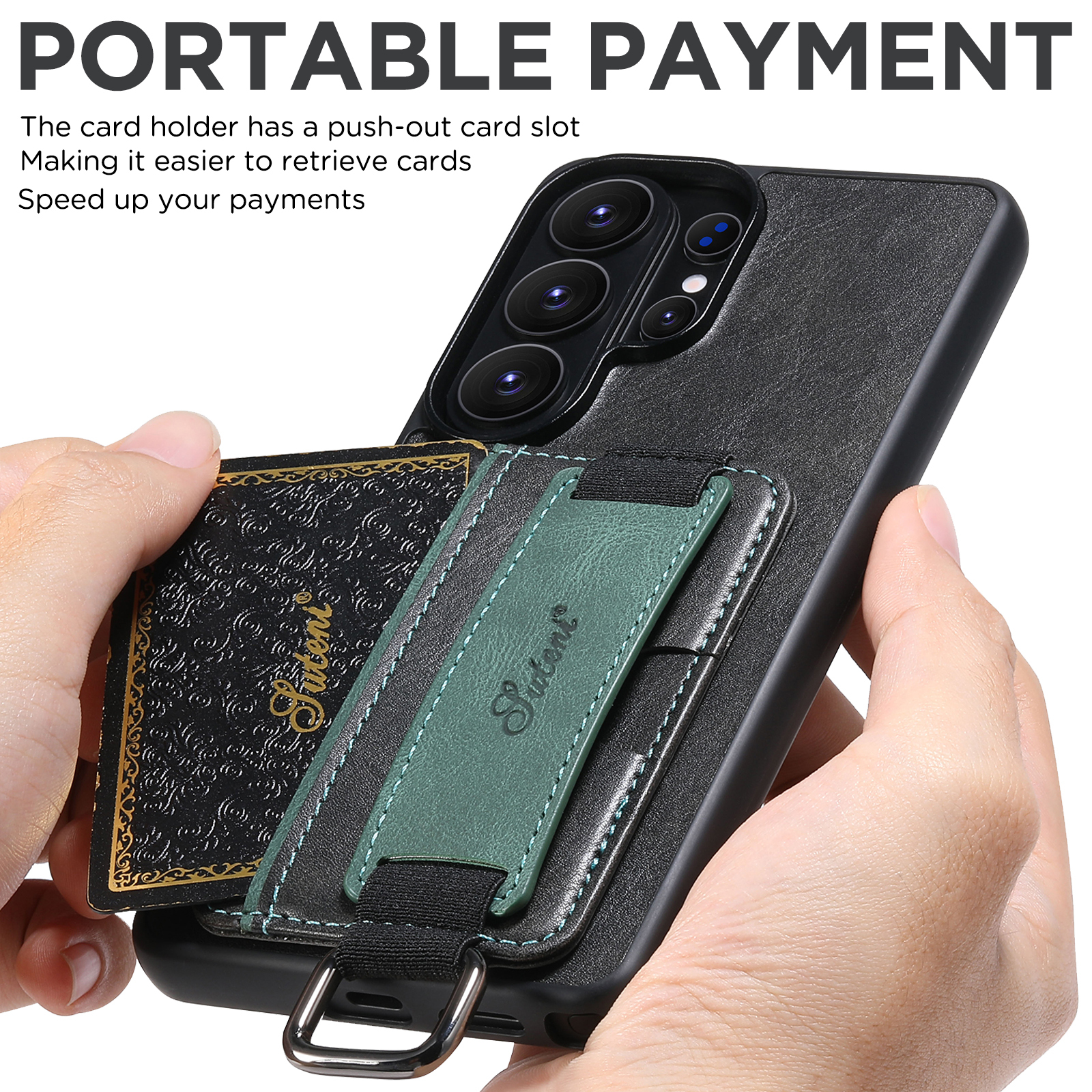 SUTENI H13YL Phone Case Wrist Strap Ring Buckle Faux Leather Card Holder Stand For Samsung Galaxy S26 Ultra S25 Plus S24 S23 S22 Note20