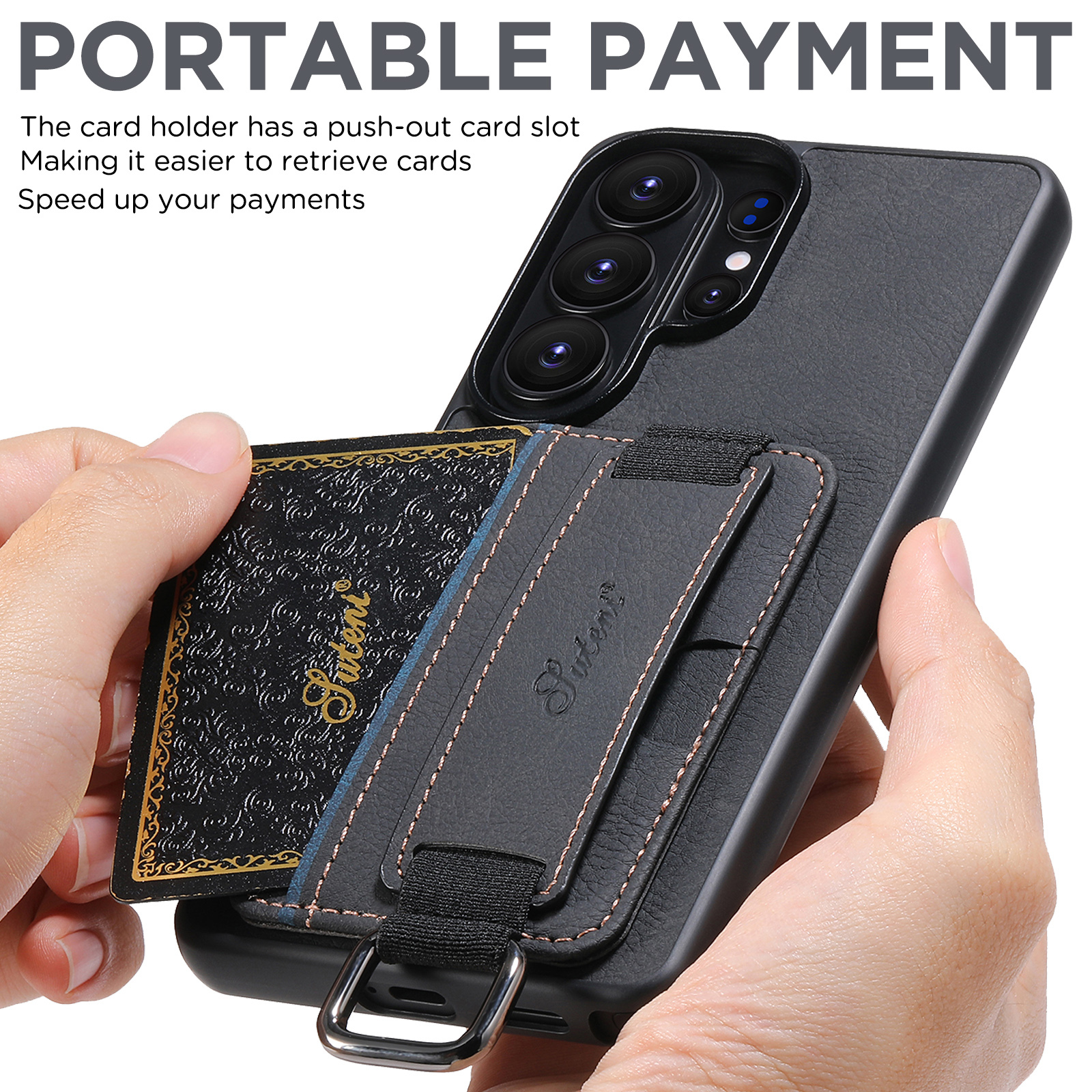 SUTENI H13LZ Faux Leather Phone Case Wrist Strap Ring Buckle Card Holder Stand For Samsung Galaxy S26 Ultra S25 Plus S24 S23 S22 Note20
