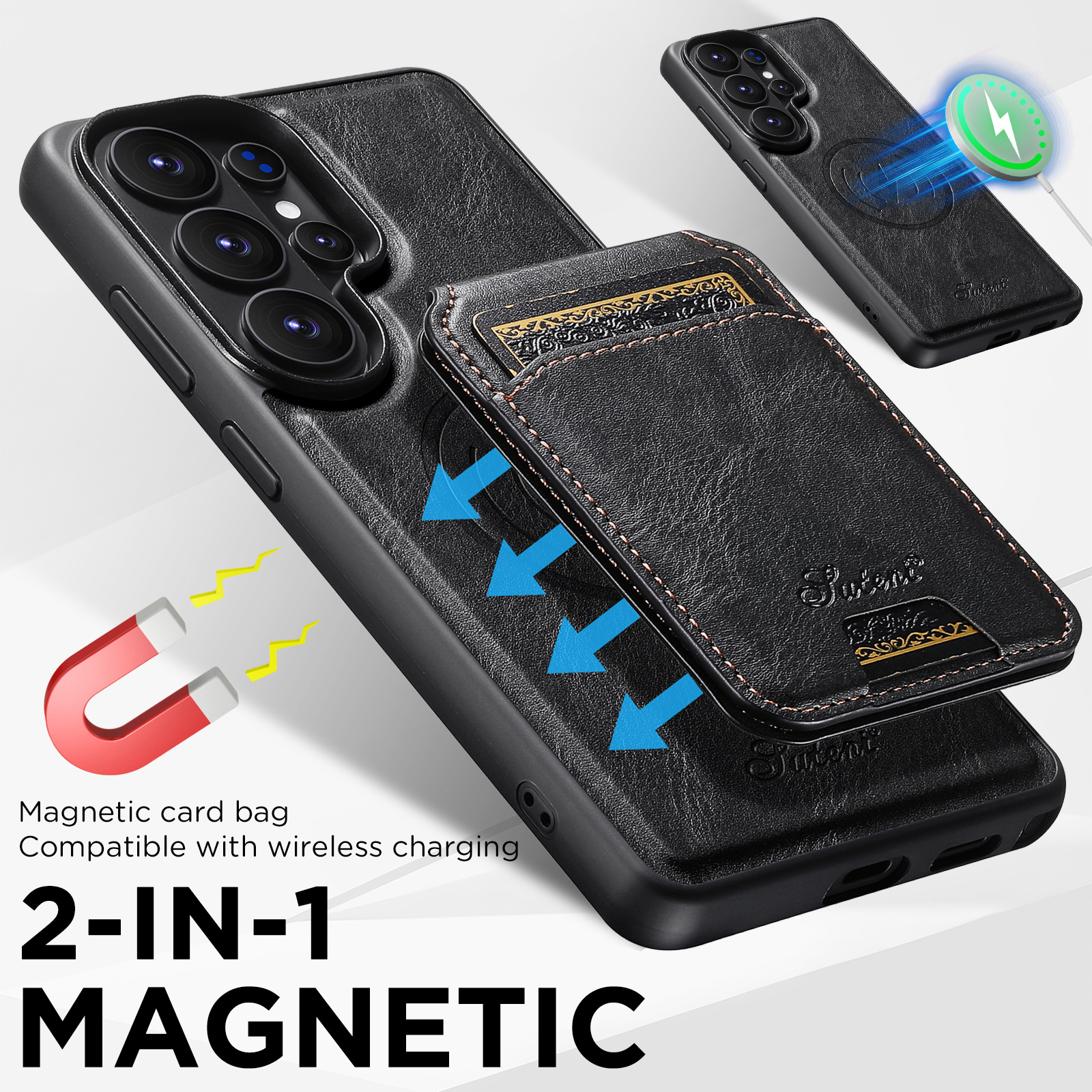 SUTENI H15 Magnet Wireless Charging Faux Leather Card Holder Stand Picture frame Phone Case For Samsung Galaxy S26 Ultra S25 Plus S24 S23 S22 Note20