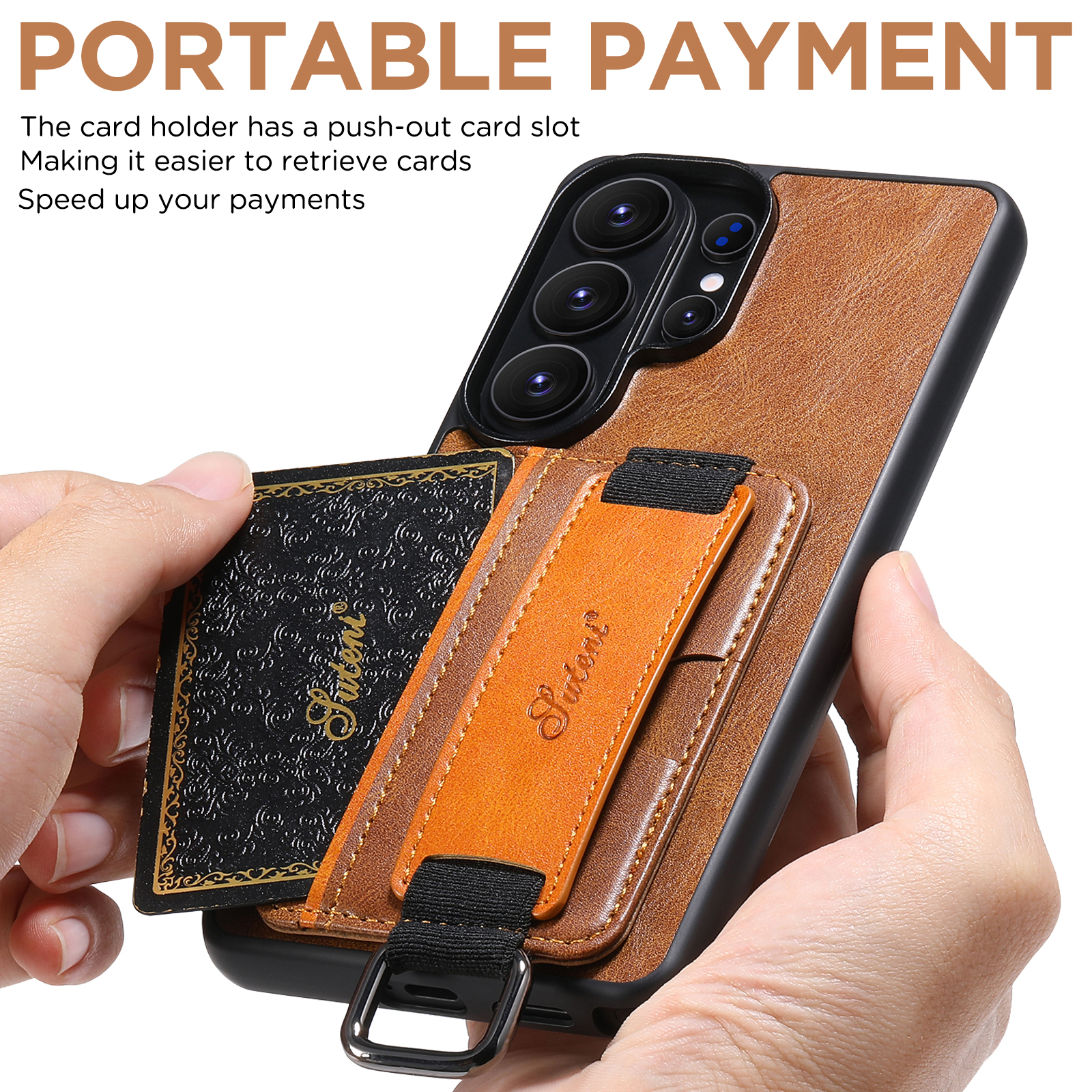 SUTENI H13YL Phone Case Wrist Strap Ring Buckle Faux Leather Card Holder Stand For Samsung Galaxy S26 Ultra S25 Plus S24 S23 S22 Note20