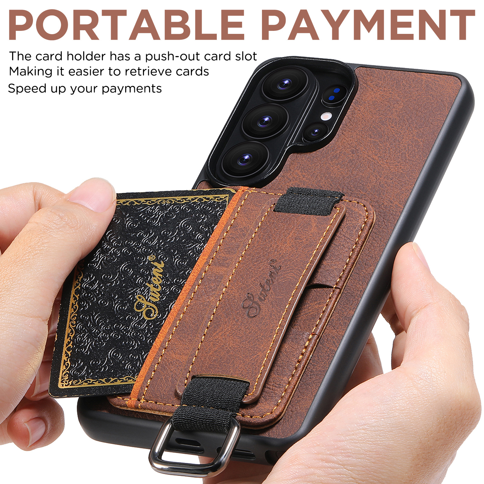 SUTENI H13LZ Faux Leather Phone Case Wrist Strap Ring Buckle Card Holder Stand For Samsung Galaxy S26 Ultra S25 Plus S24 S23 S22 Note20