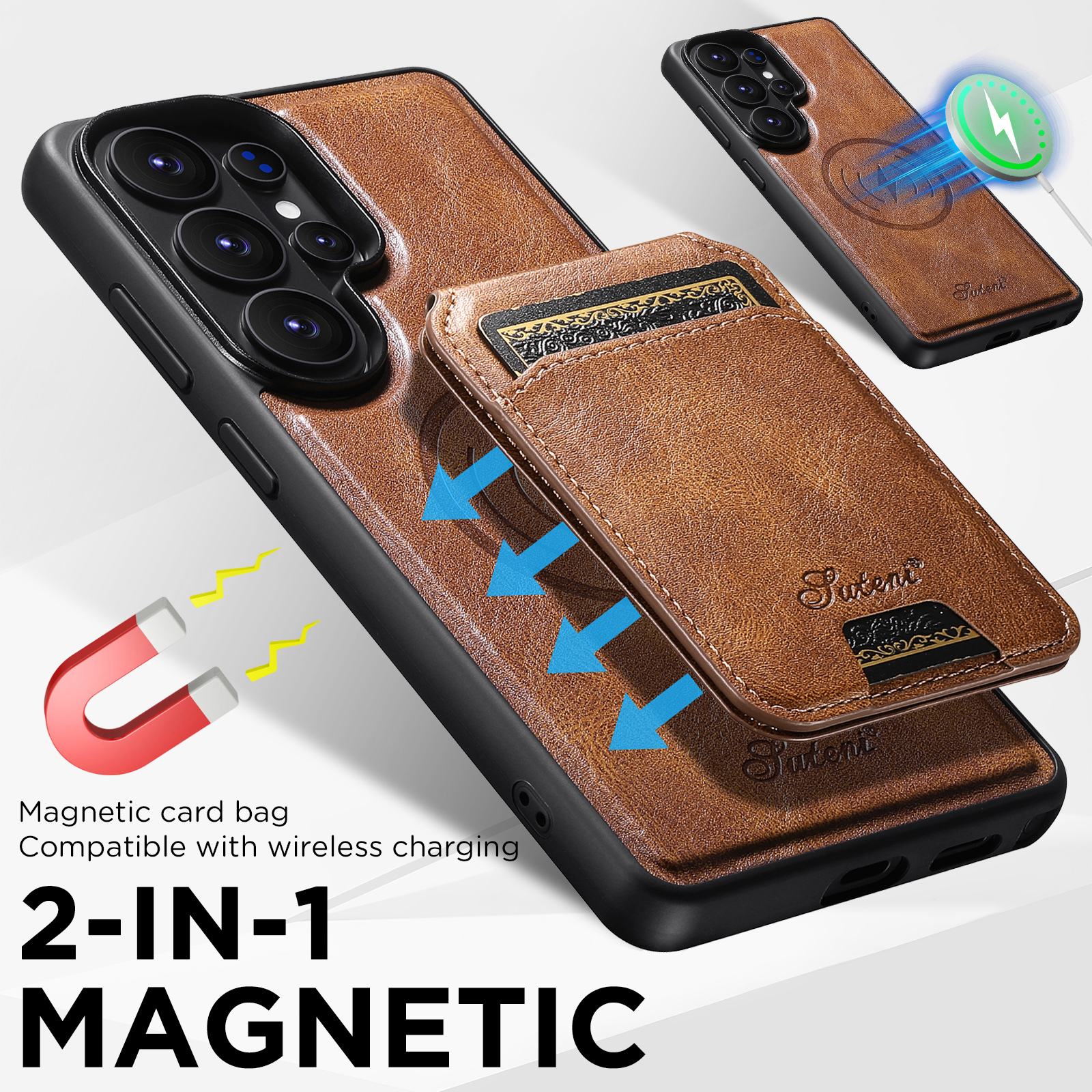 SUTENI H15 Magnet Wireless Charging Faux Leather Card Holder Stand Picture frame Phone Case For Samsung Galaxy S26 Ultra S25 Plus S24 S23 S22 Note20