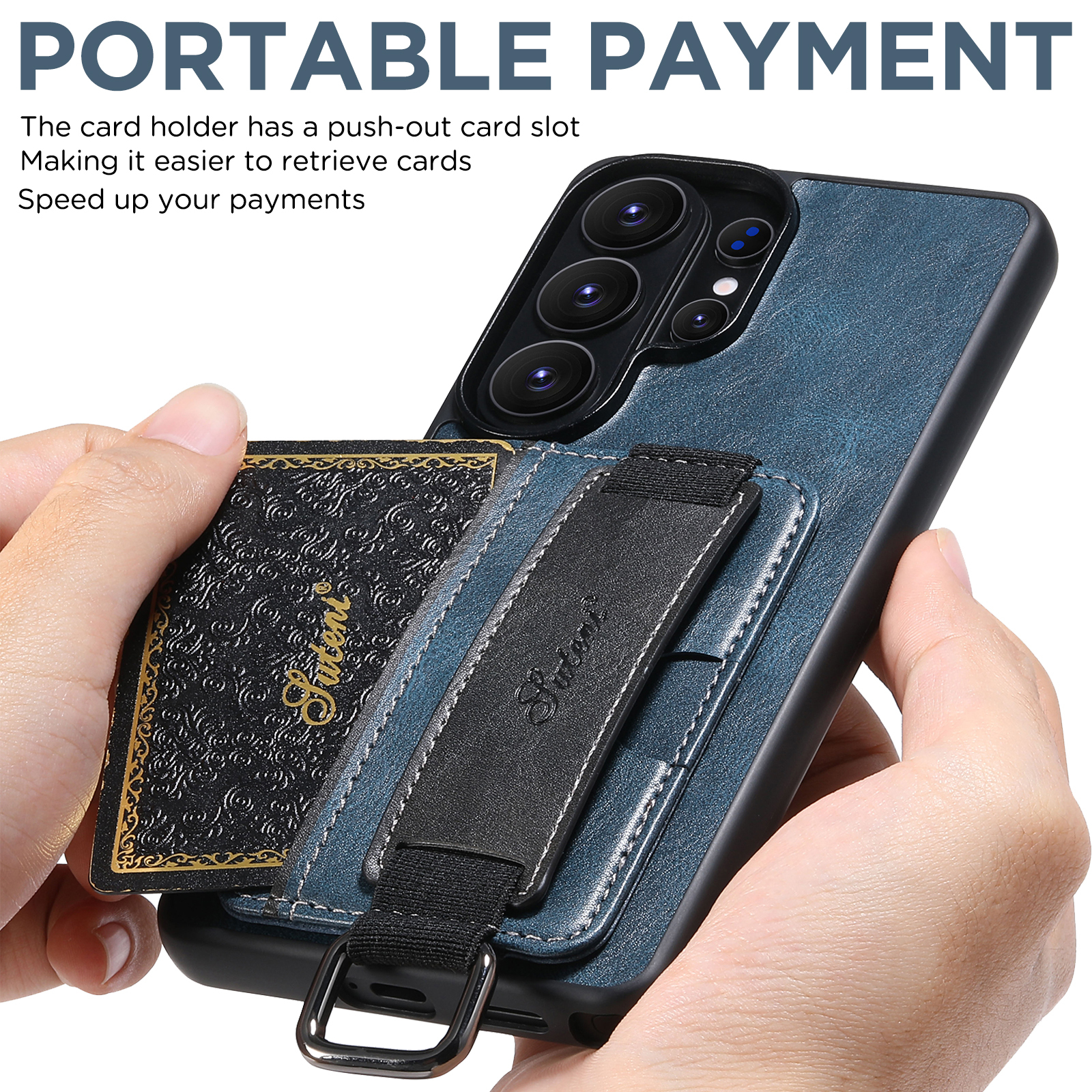 SUTENI H13YL Phone Case Wrist Strap Ring Buckle Faux Leather Card Holder Stand For Samsung Galaxy S26 Ultra S25 Plus S24 S23 S22 Note20
