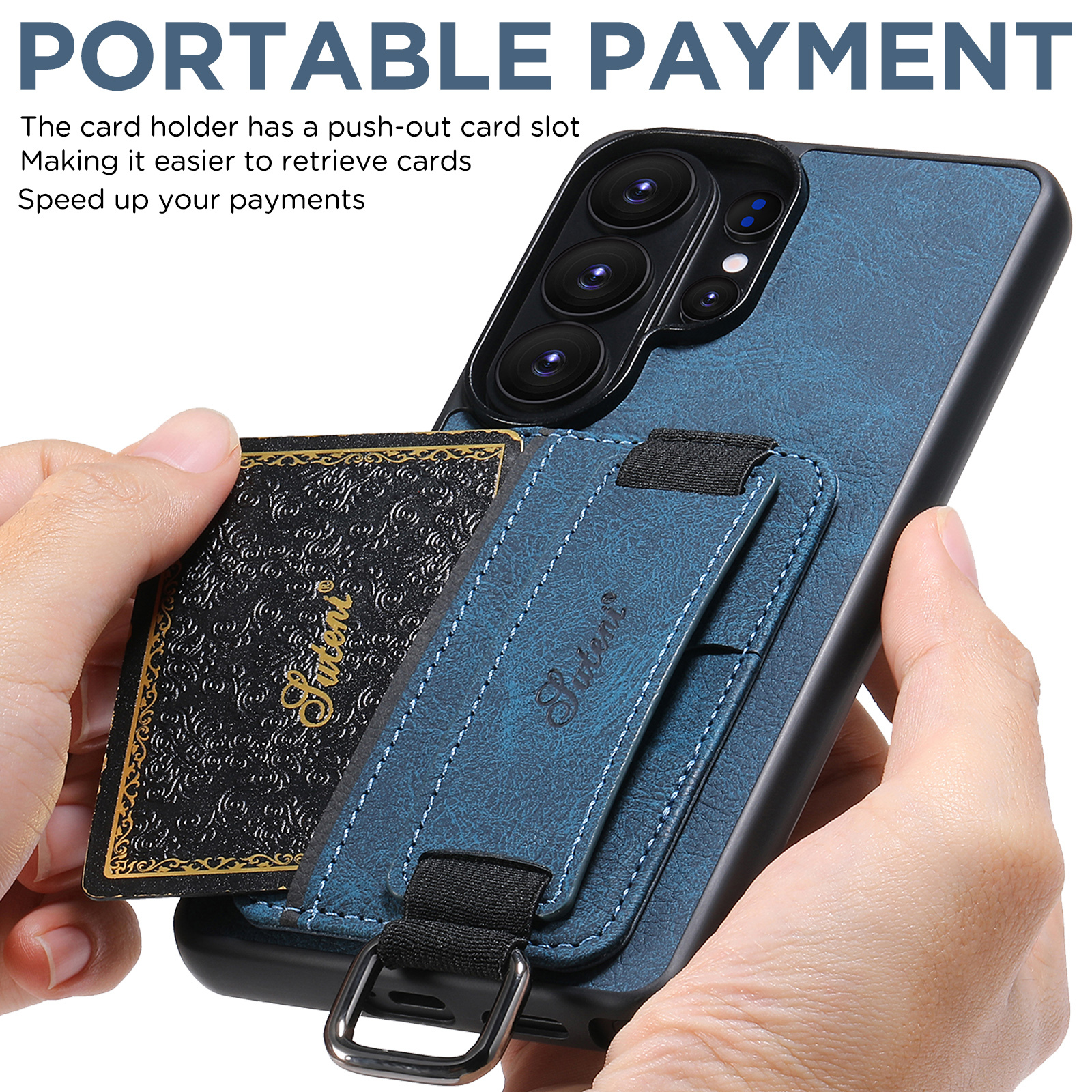 SUTENI H13LZ Faux Leather Phone Case Wrist Strap Ring Buckle Card Holder Stand For Samsung Galaxy S26 Ultra S25 Plus S24 S23 S22 Note20