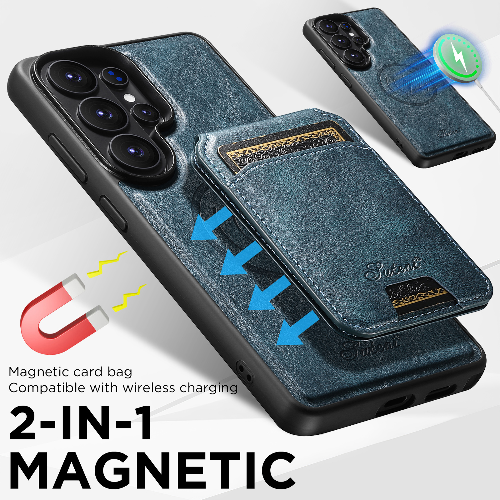 SUTENI H15 Magnet Wireless Charging Faux Leather Card Holder Stand Picture frame Phone Case For Samsung Galaxy S26 Ultra S25 Plus S24 S23 S22 Note20
