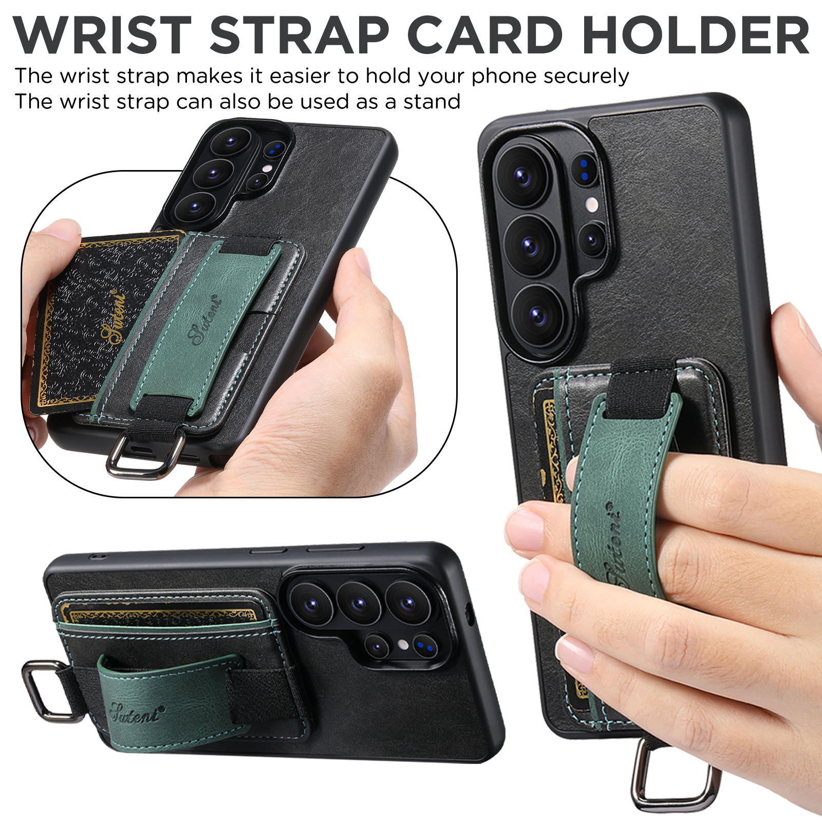 SUTENI H13YL Phone Case Wrist Strap Ring Buckle Faux Leather Card Holder Stand For Samsung Galaxy S26 Ultra S25 Plus S24 S23 S22 Note20