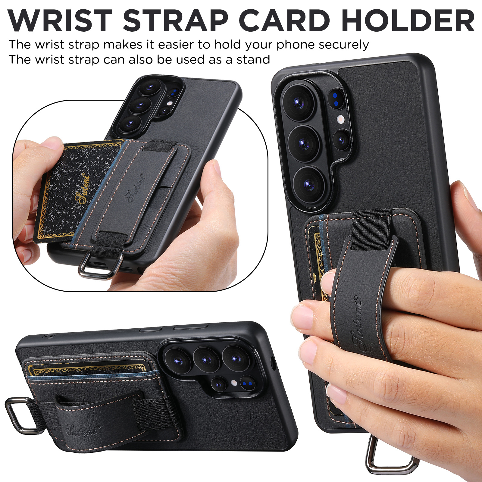 SUTENI H13LZ Faux Leather Phone Case Wrist Strap Ring Buckle Card Holder Stand For Samsung Galaxy S26 Ultra S25 Plus S24 S23 S22 Note20
