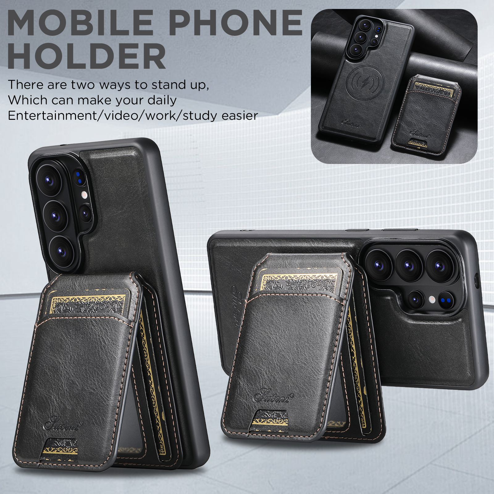 SUTENI H15 Magnet Wireless Charging Faux Leather Card Holder Stand Picture frame Phone Case For Samsung Galaxy S26 Ultra S25 Plus S24 S23 S22 Note20