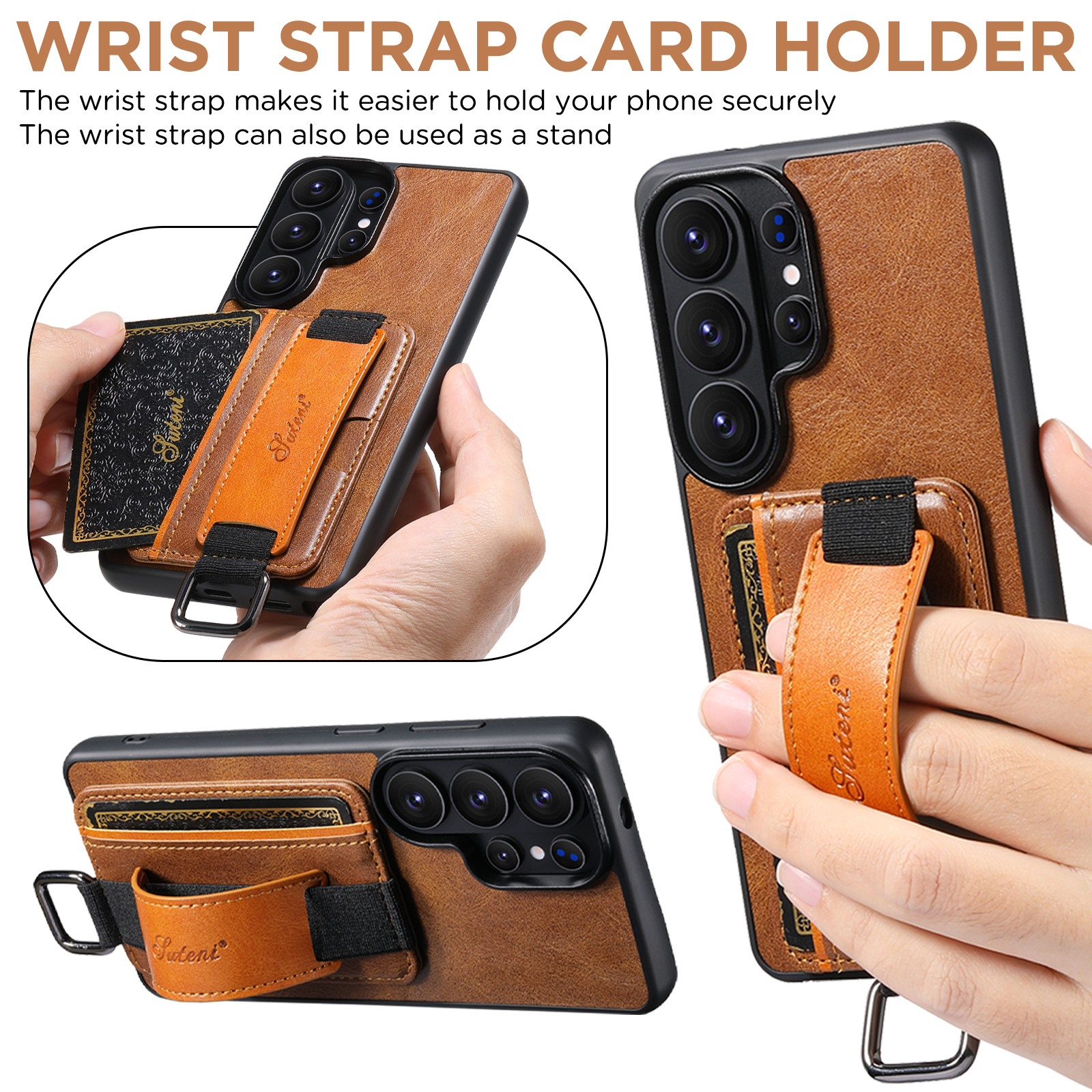 SUTENI H13YL Phone Case Wrist Strap Ring Buckle Faux Leather Card Holder Stand For Samsung Galaxy S26 Ultra S25 Plus S24 S23 S22 Note20