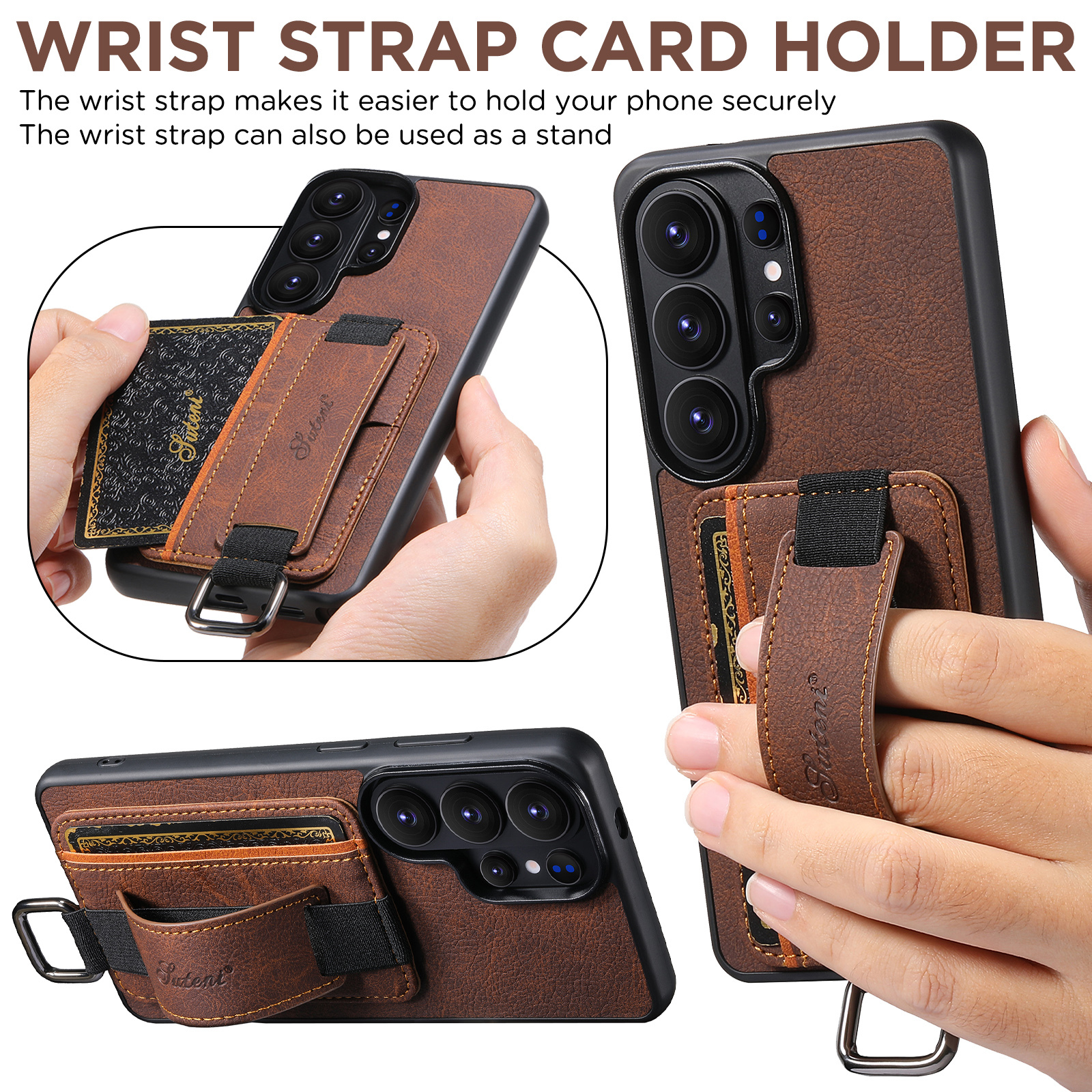 SUTENI H13LZ Faux Leather Phone Case Wrist Strap Ring Buckle Card Holder Stand For Samsung Galaxy S26 Ultra S25 Plus S24 S23 S22 Note20