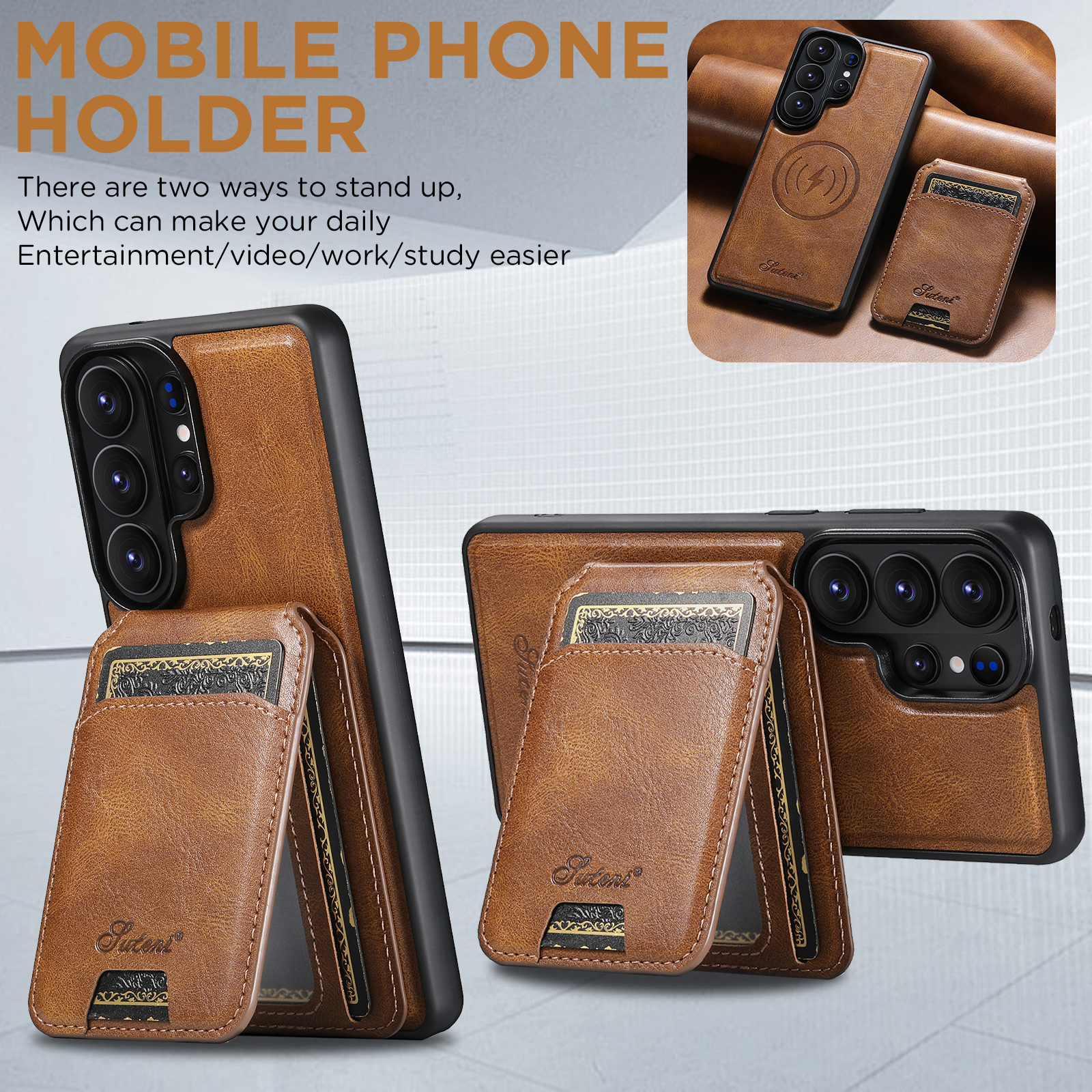 SUTENI H15 Magnet Wireless Charging Faux Leather Card Holder Stand Picture frame Phone Case For Samsung Galaxy S26 Ultra S25 Plus S24 S23 S22 Note20