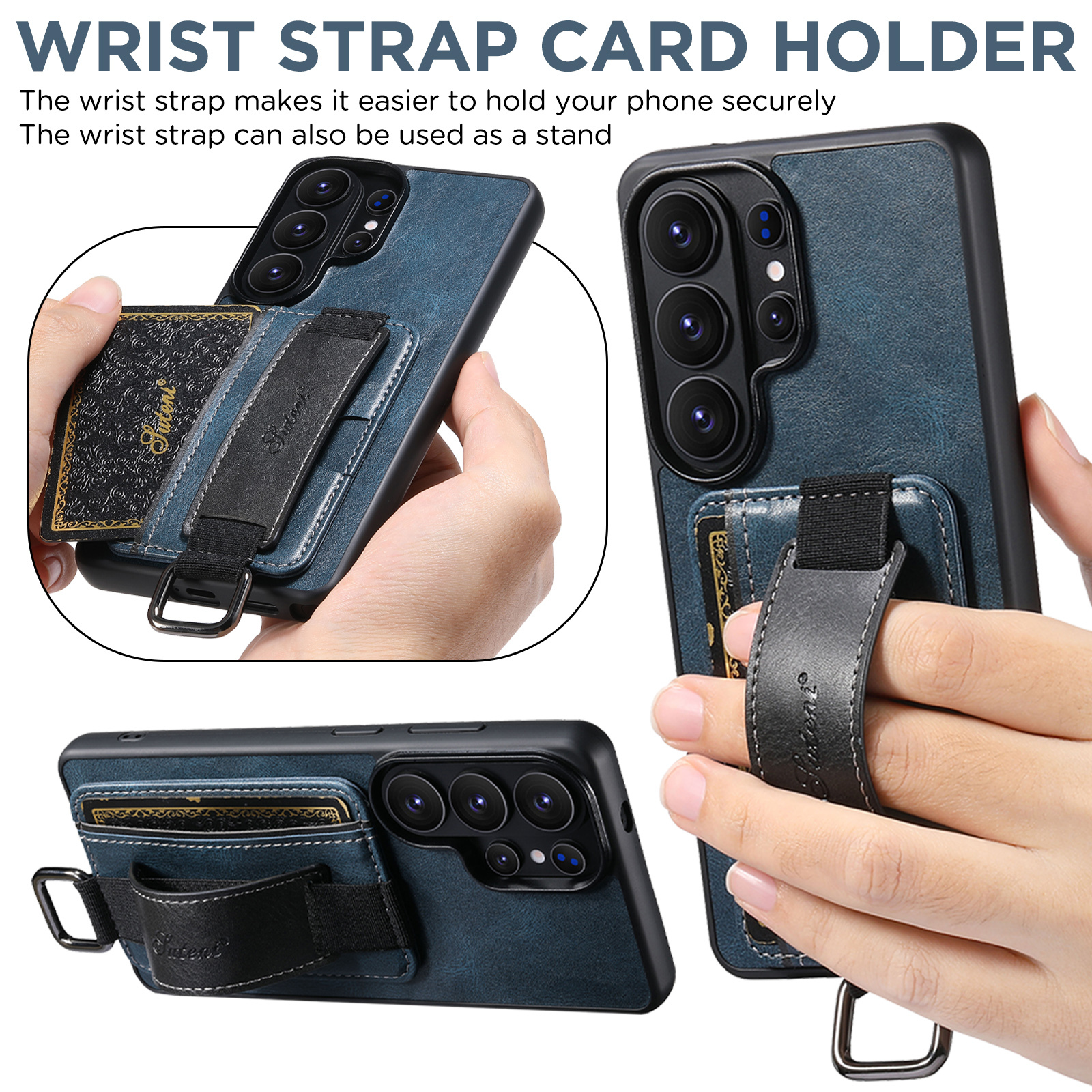 SUTENI H13YL Phone Case Wrist Strap Ring Buckle Faux Leather Card Holder Stand For Samsung Galaxy S26 Ultra S25 Plus S24 S23 S22 Note20