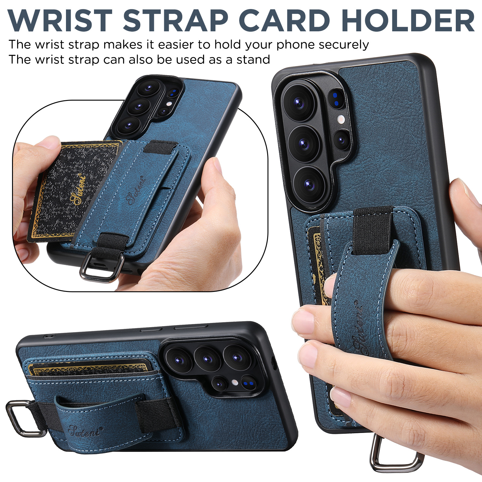SUTENI H13LZ Faux Leather Phone Case Wrist Strap Ring Buckle Card Holder Stand For Samsung Galaxy S26 Ultra S25 Plus S24 S23 S22 Note20
