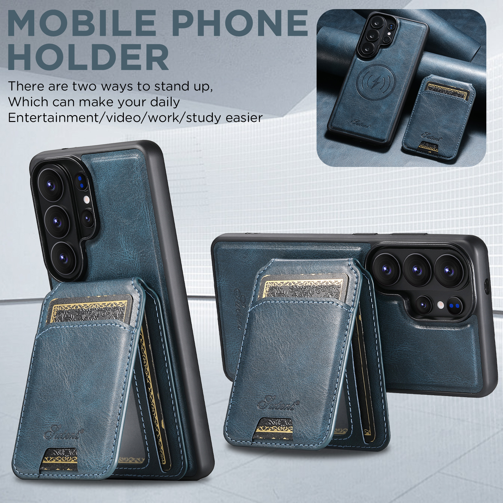 SUTENI H15 Magnet Wireless Charging Faux Leather Card Holder Stand Picture frame Phone Case For Samsung Galaxy S26 Ultra S25 Plus S24 S23 S22 Note20