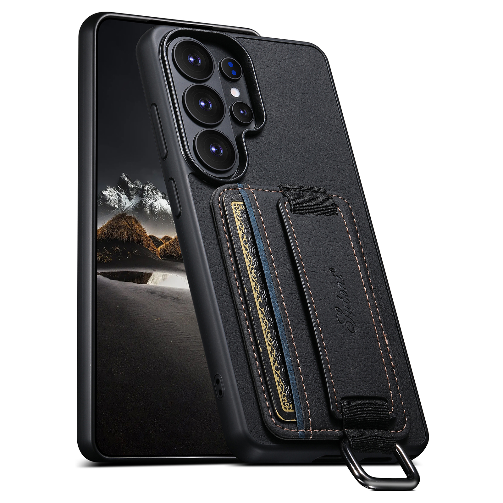 SUTENI H13LZ Faux Leather Phone Case Wrist Strap Ring Buckle Card Holder Stand For Samsung Galaxy S26 Ultra S25 Plus S24 S23 S22 Note20