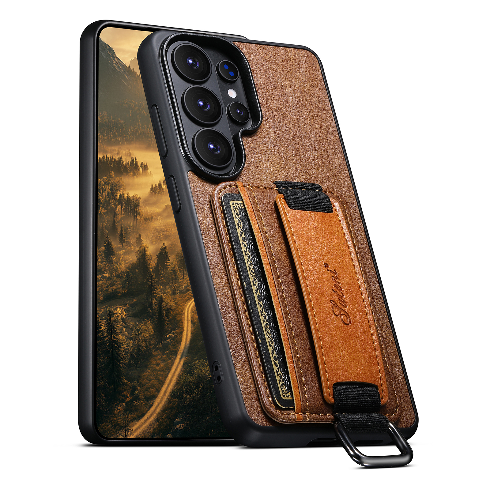 SUTENI H13YL Phone Case Wrist Strap Ring Buckle Faux Leather Card Holder Stand For Samsung Galaxy S26 Ultra S25 Plus S24 S23 S22 Note20