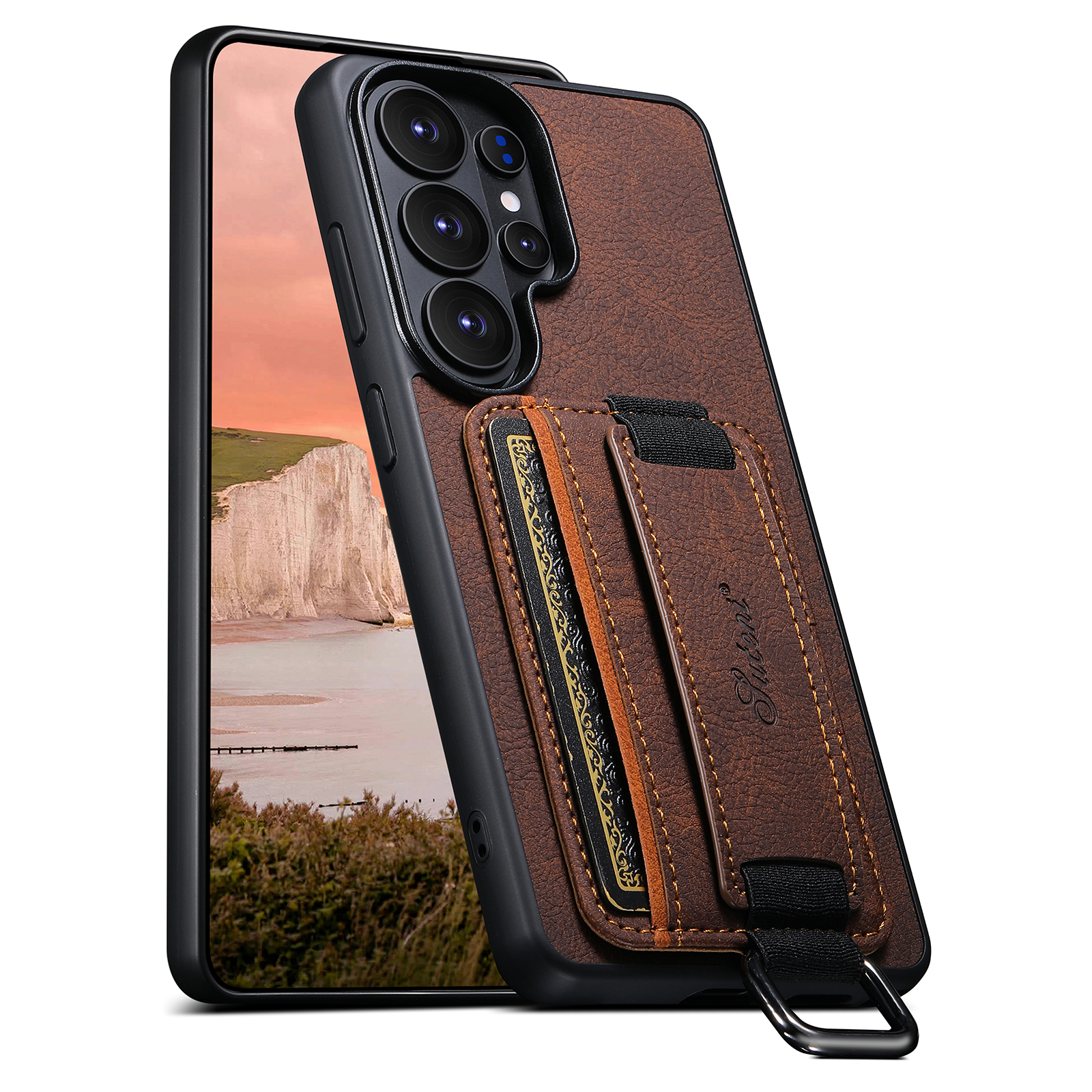 SUTENI H13LZ Faux Leather Phone Case Wrist Strap Ring Buckle Card Holder Stand For Samsung Galaxy S26 Ultra S25 Plus S24 S23 S22 Note20
