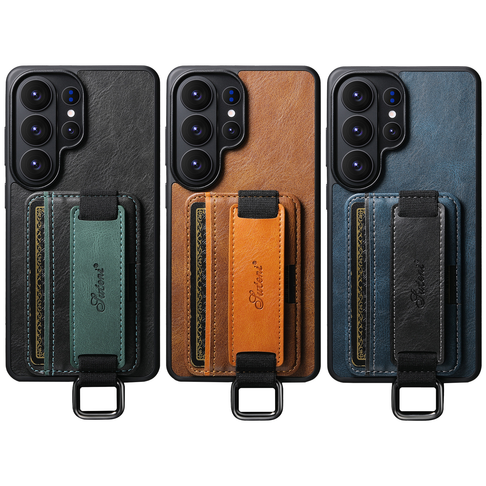 SUTENI H13YL Phone Case Wrist Strap Ring Buckle PU Leather Card Holder Stand For Samsung S25Ultra S24Plus S23 S22 Note20