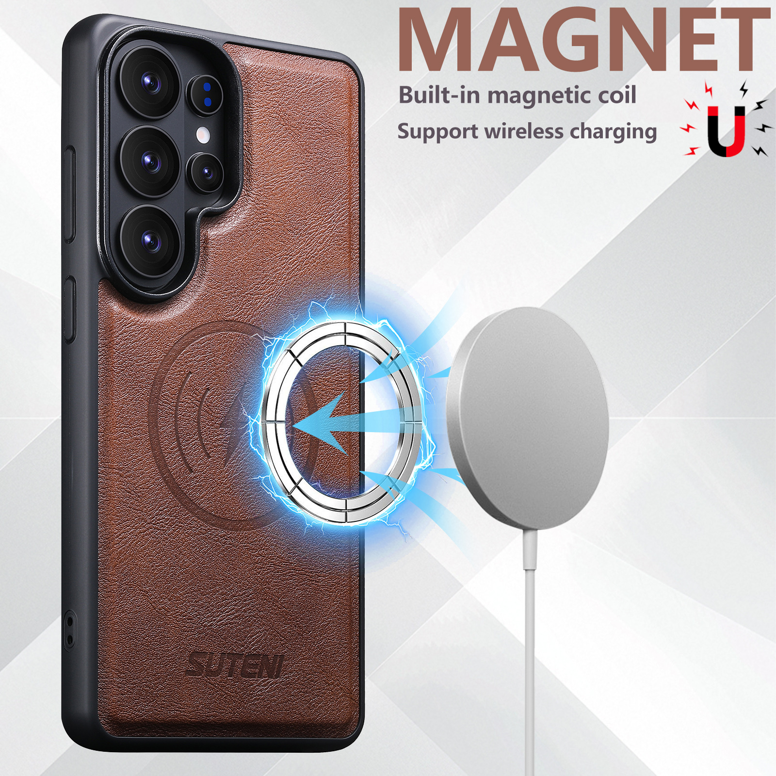 SUTENI G5 Frosted Feel Faux Leather Magnet Wireless Charging Phone Case  For Samsung Galaxy S26 Ultra S25 S24 S23 S22