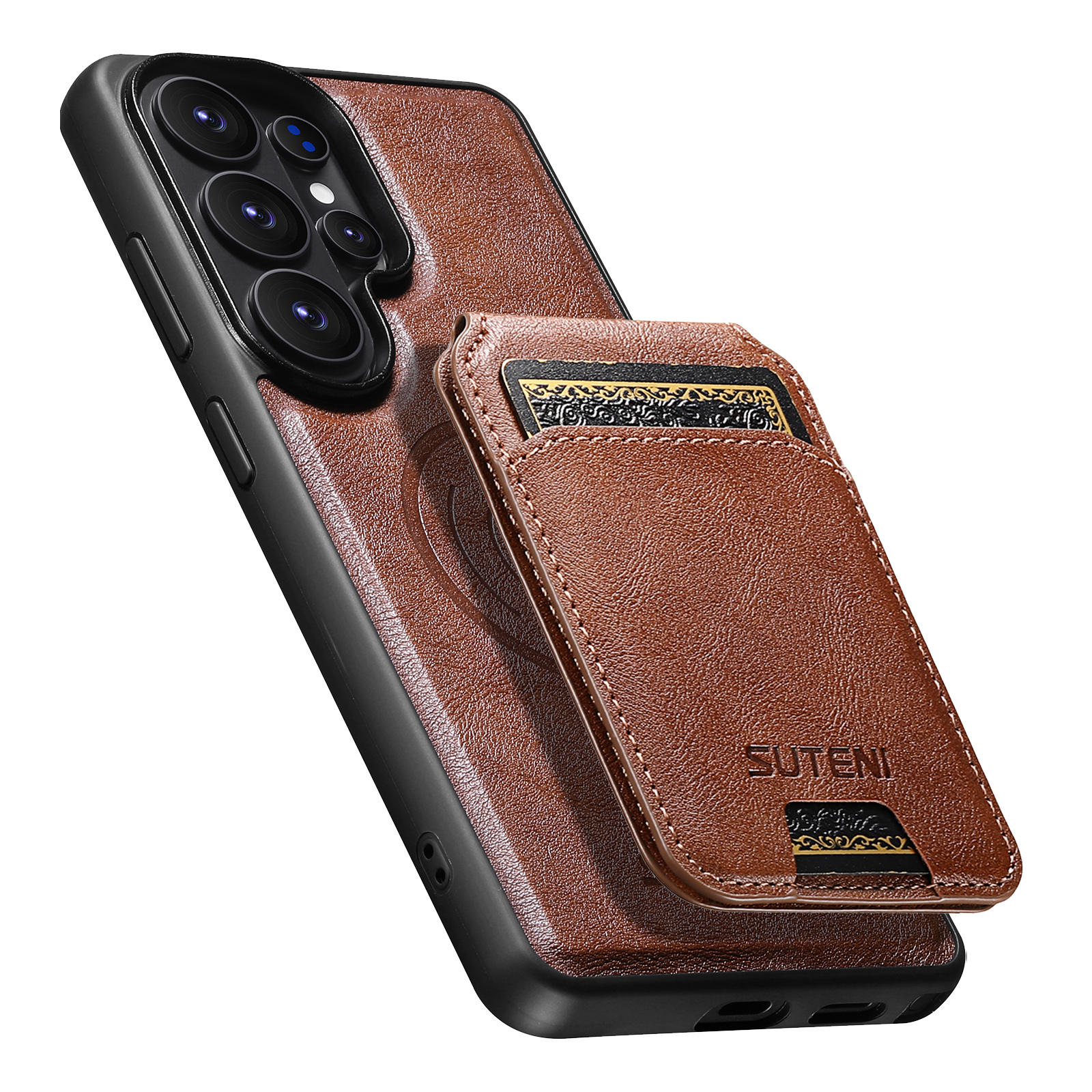 SUTENI M5 Magnet Wireless Charging Faux Leather Phone Case Card Holder Stand For Samsung Galaxy S26 Ultra S25 S24 S23 S22