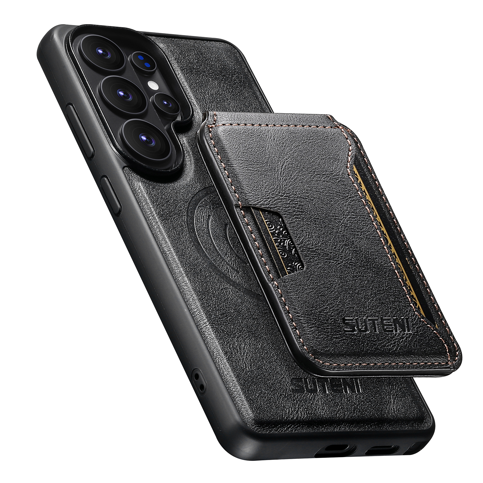 SUTENI M3 Wireless Charging Magnet Faux Leather Phone Case Card Holder Stand Smooth Surface Wallet 2-in-1 For Samsung Galaxy S26 Ultra S25 S24 S23 S22