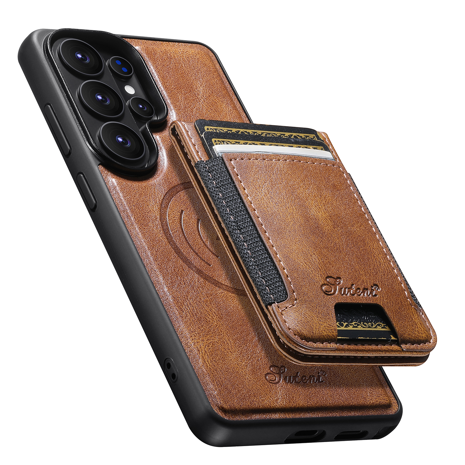 SUTENI H17YL Faux Leather Phone Case Magnet Wireless Charging Card Holder Stand For Samsung Galaxy S26 Ultra S25 Plus S24 S23 S22 Note20