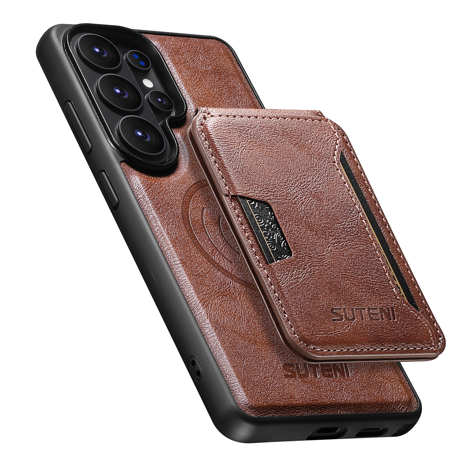 SUTENI M3 Wireless Charging Magnet Faux Leather Phone Case Card Holder Stand Smooth Surface Wallet 2-in-1 For Samsung Galaxy S26 Ultra S25 S24 S23 S22