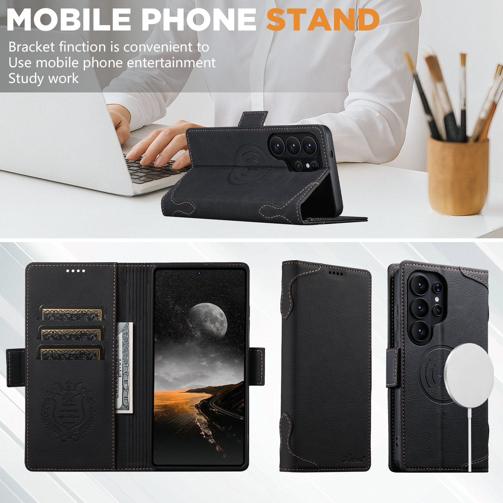 SUTENI J07 Wireless Charging Faux Leather Card Holder Stand Wallet Magnetic Button Flip Cover Phone Case For Samsung Galaxy S26 Ultra S25 S24 S23 S22