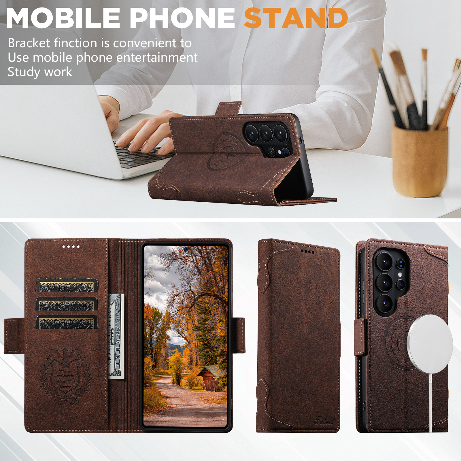 SUTENI J07 Wireless Charging Faux Leather Card Holder Stand Wallet Magnetic Button Flip Cover Phone Case For Samsung Galaxy S26 Ultra S25 S24 S23 S22