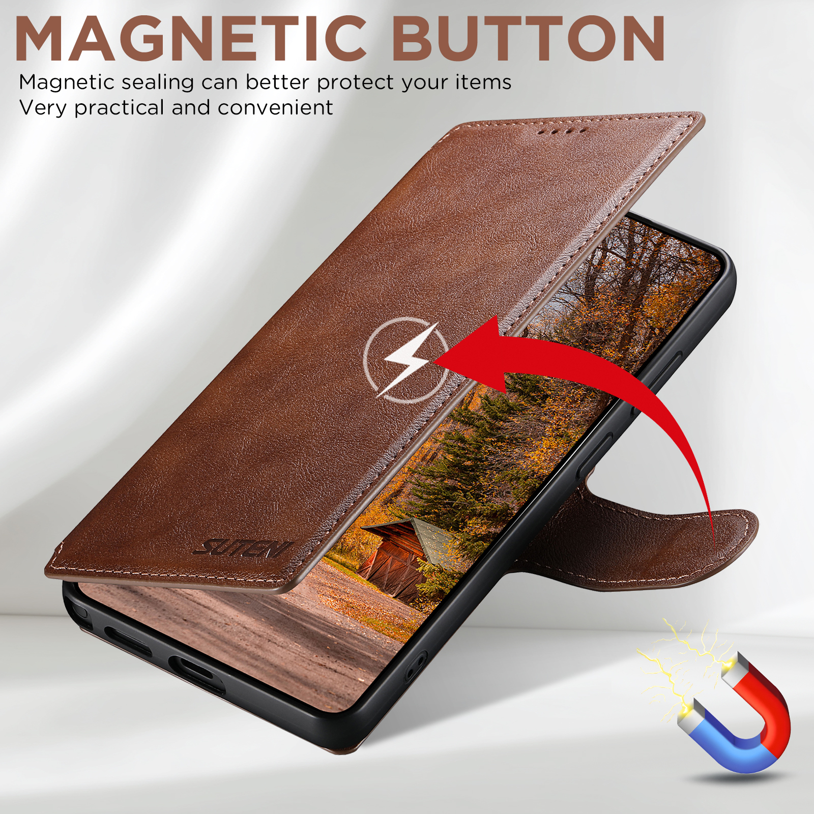 SUTENI Q05 Faux Leather Wireless Charging Card Holder Stand Wallet Magnetic Flip Cover Phone Case For Samsung Galaxy S26 Ultra S25 S24 S23 S22