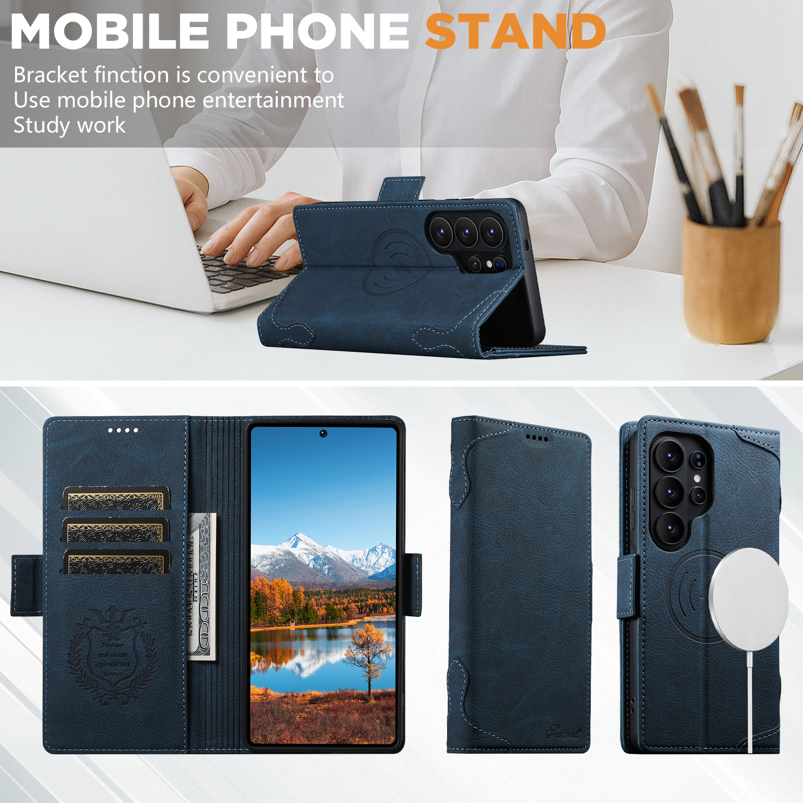 SUTENI J07 Wireless Charging Faux Leather Card Holder Stand Wallet Magnetic Button Flip Cover Phone Case For Samsung Galaxy S26 Ultra S25 S24 S23 S22