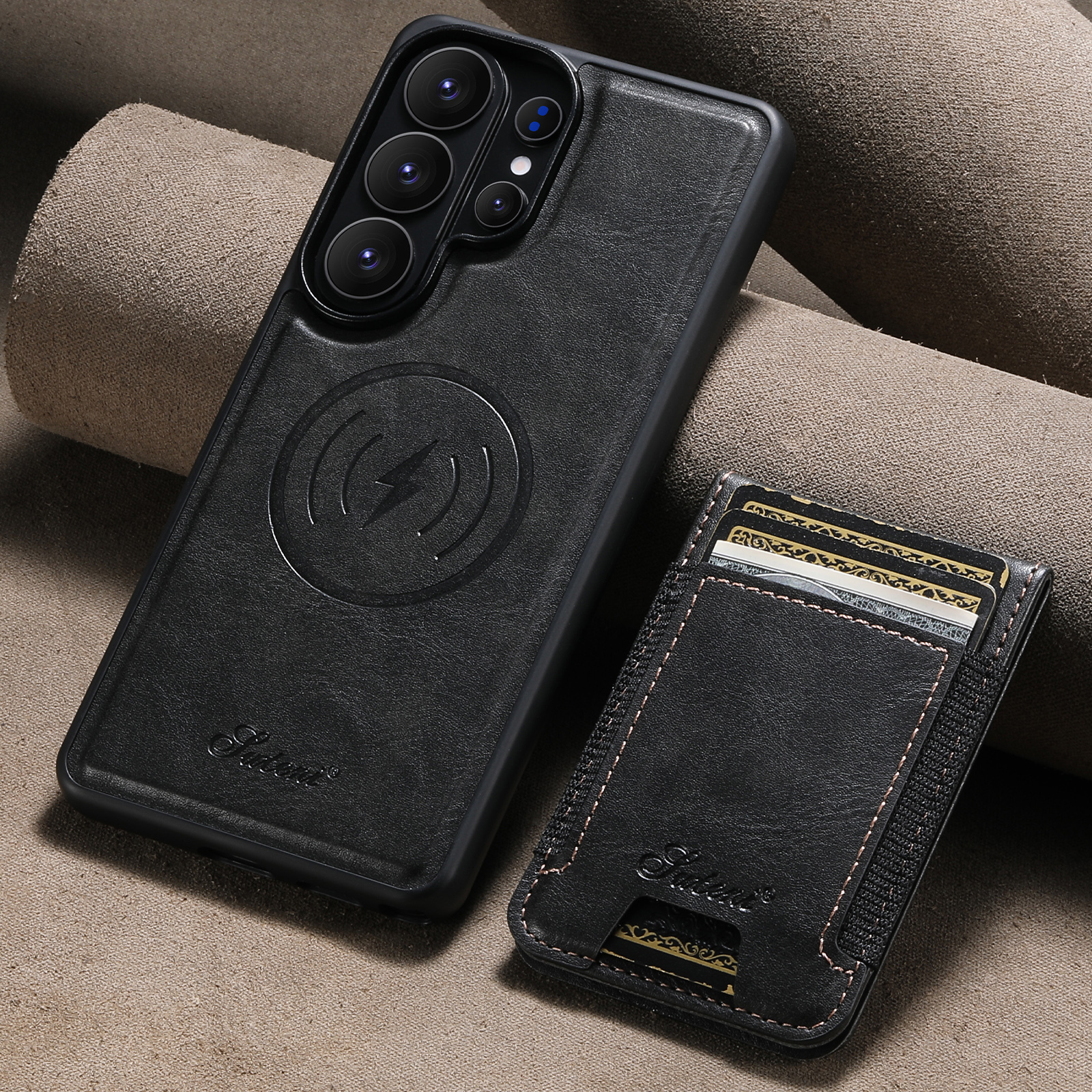 SUTENI H17YL Faux Leather Phone Case Magnet Wireless Charging Card Holder Stand For Samsung Galaxy S26 Ultra S25 Plus S24 S23 S22 Note20