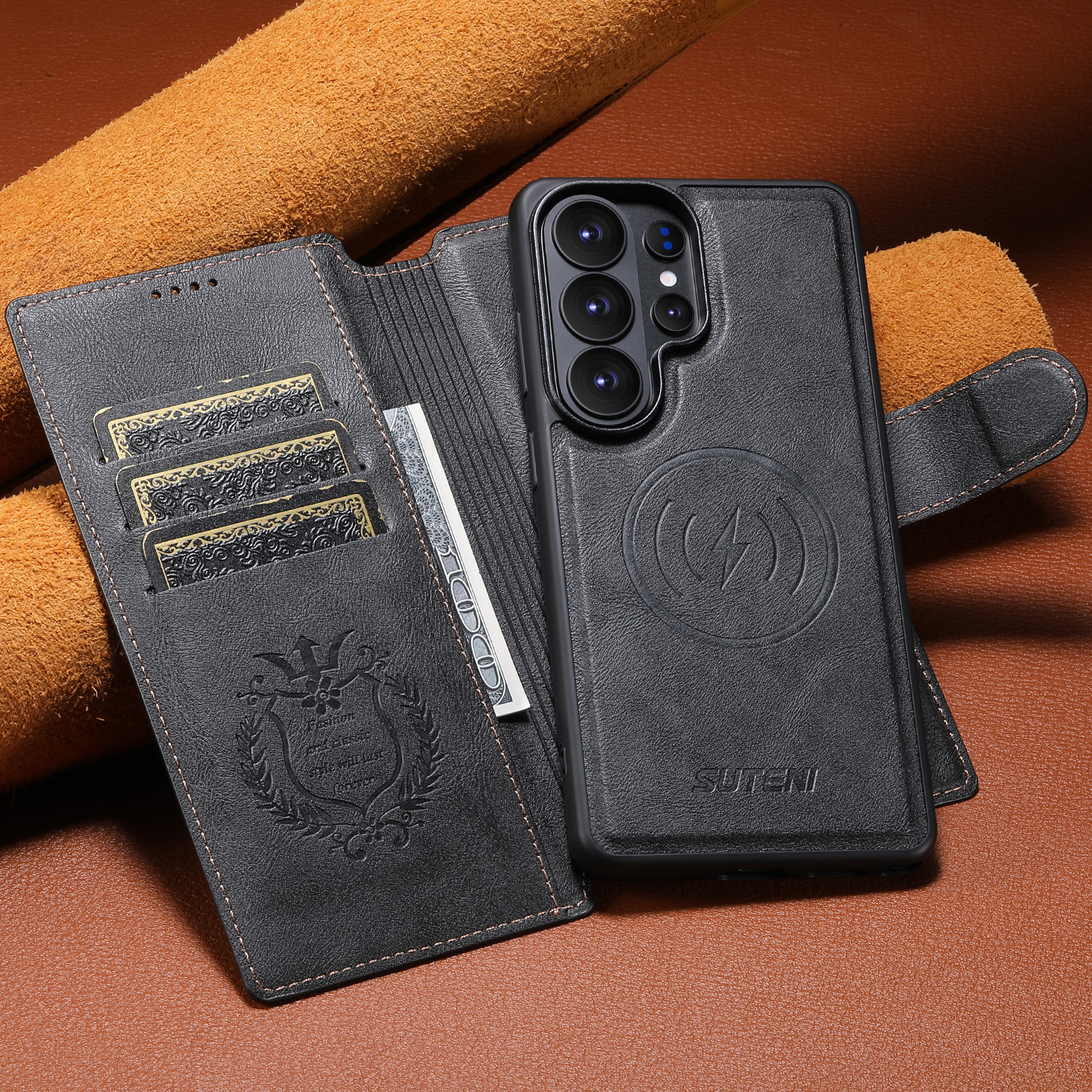 SUTENI Q05 Faux Leather Wireless Charging Card Holder Stand Wallet Magnetic Flip Cover Phone Case For Samsung Galaxy S26 Ultra S25 S24 S23 S22