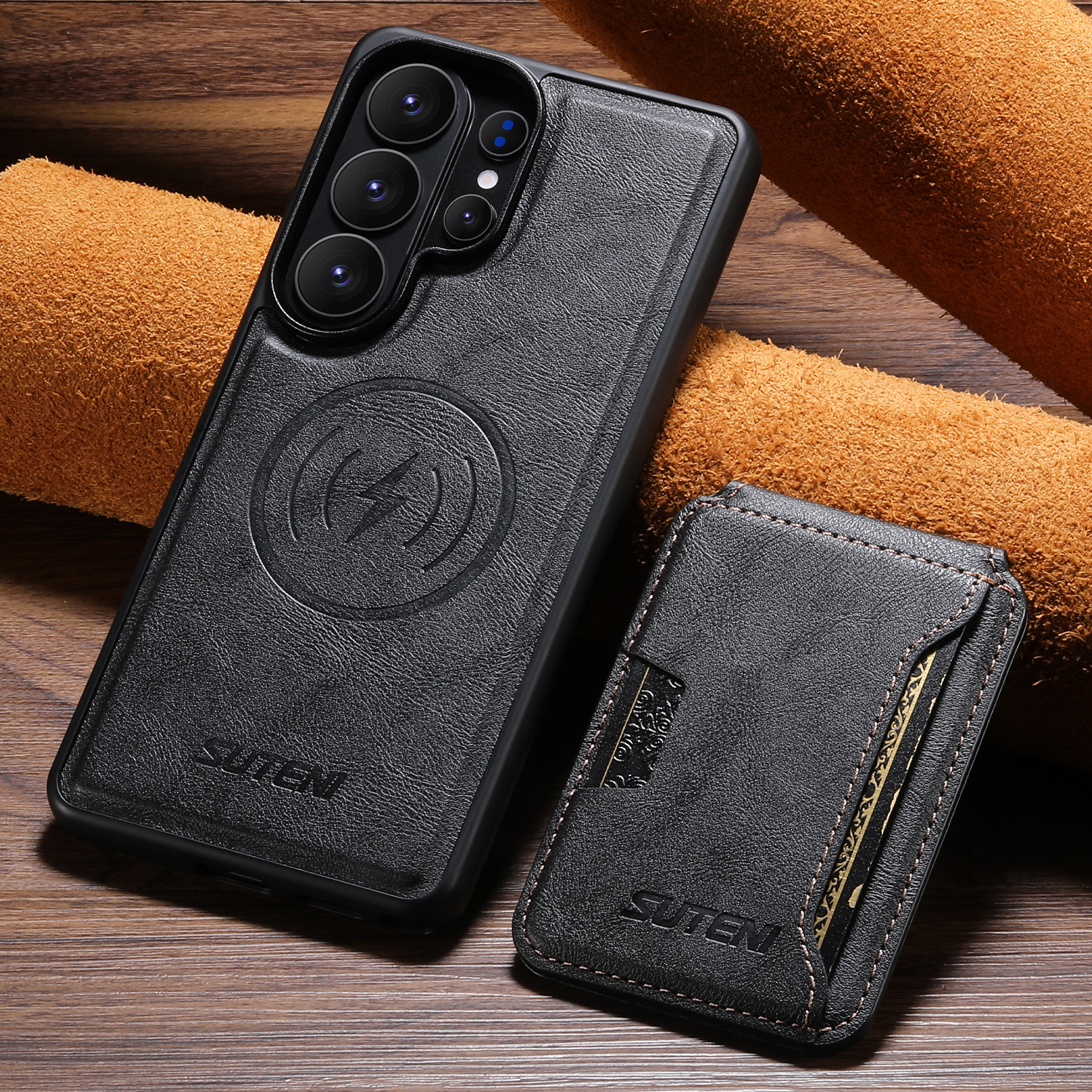 SUTENI M3 Wireless Charging Magnet Faux Leather Phone Case Card Holder Stand Smooth Surface Wallet 2-in-1 For Samsung Galaxy S26 Ultra S25 S24 S23 S22