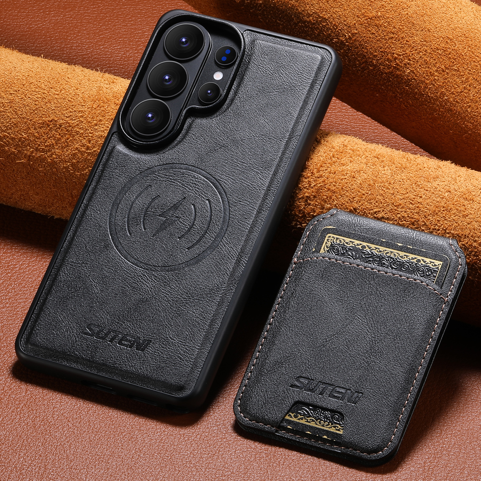 SUTENI M5 Magnet Wireless Charging Faux Leather Phone Case Card Holder Stand For Samsung Galaxy S26 Ultra S25 S24 S23 S22