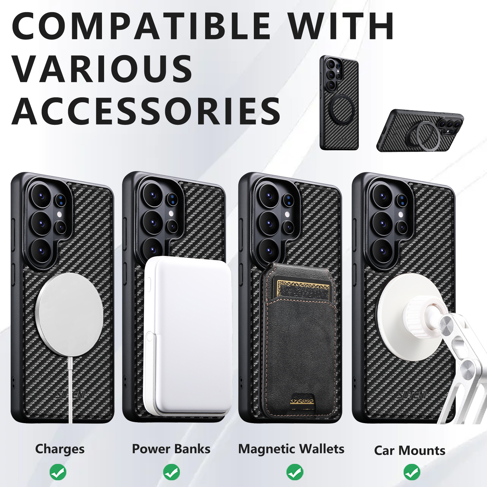 Suteni G3TXW Mobile Phone Case Magnet Wireless Charging 360° Rotating Stand Faux Leather Ring Buckle For Samsung Galaxy S26 Ultra S25 S24 S23 S22