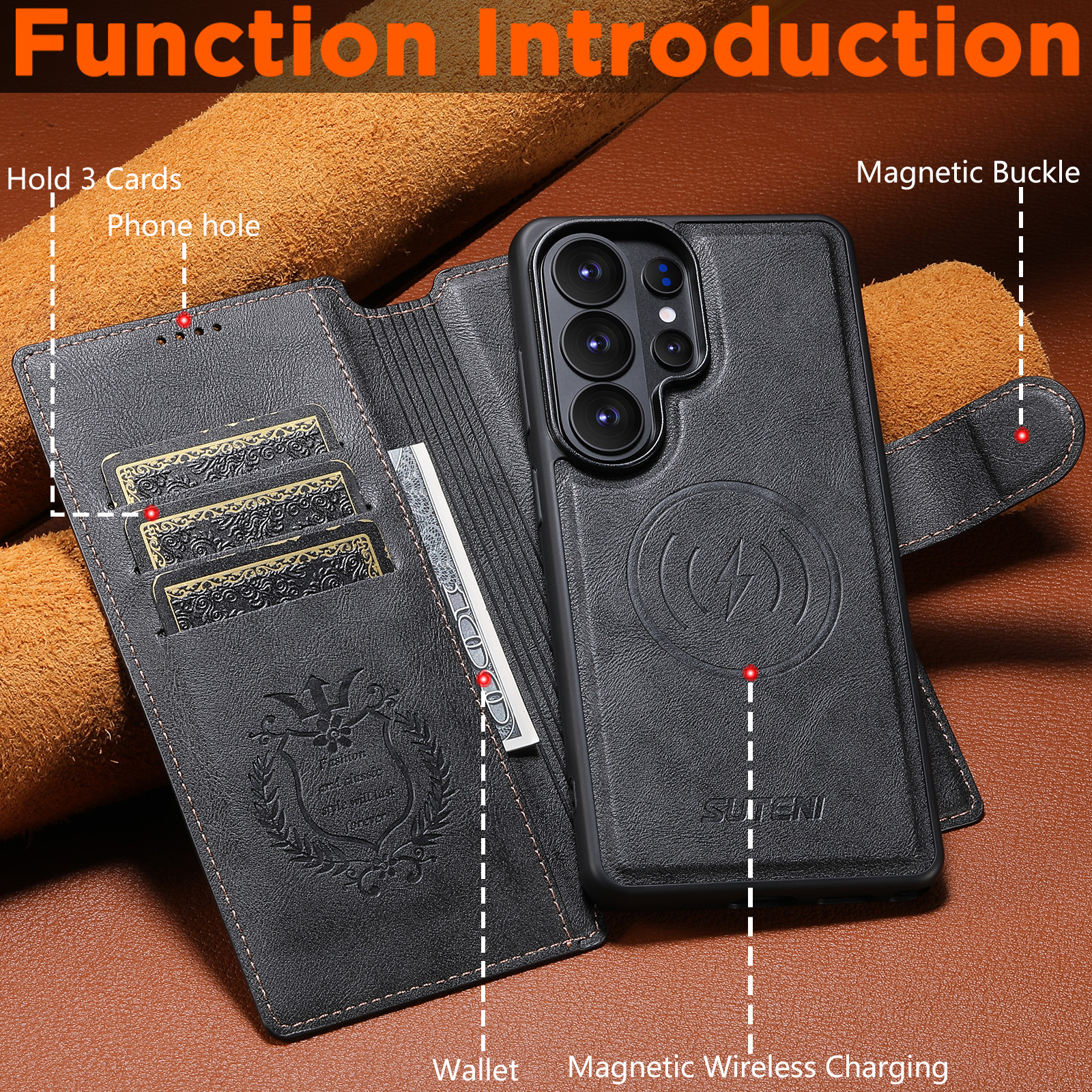 SUTENI Q05 Faux Leather Wireless Charging Card Holder Stand Wallet Magnetic Flip Cover Phone Case For Samsung Galaxy S26 Ultra S25 S24 S23 S22