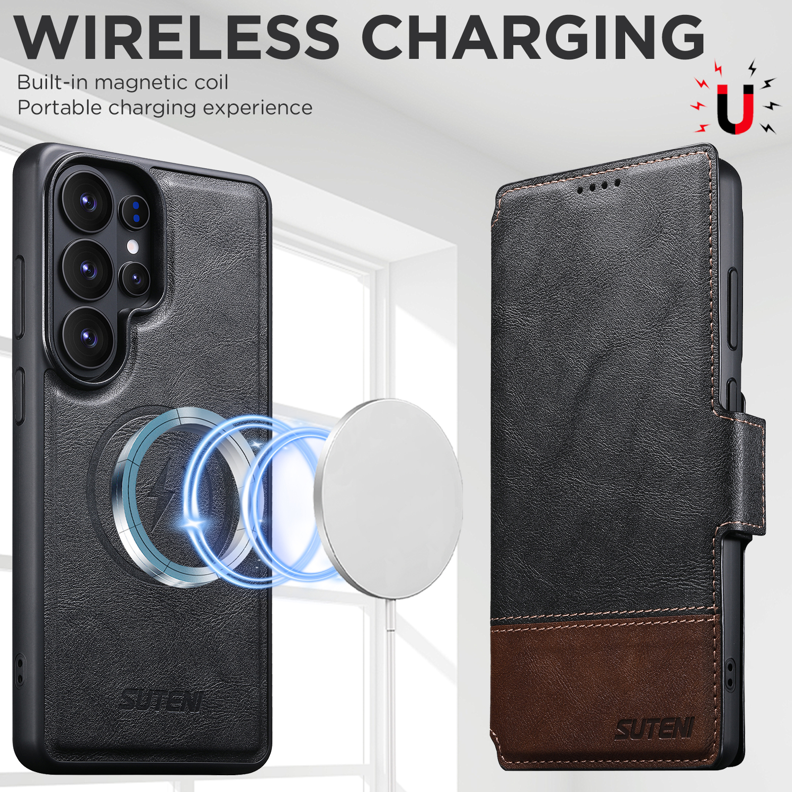 SUTENI Q06 Faux Leather Wireless Charging Card Holder Stand Wallet Magnetic Flip Cover Phone Case For Samsung Galaxy S26 Ultra S25 S24 S23 S22